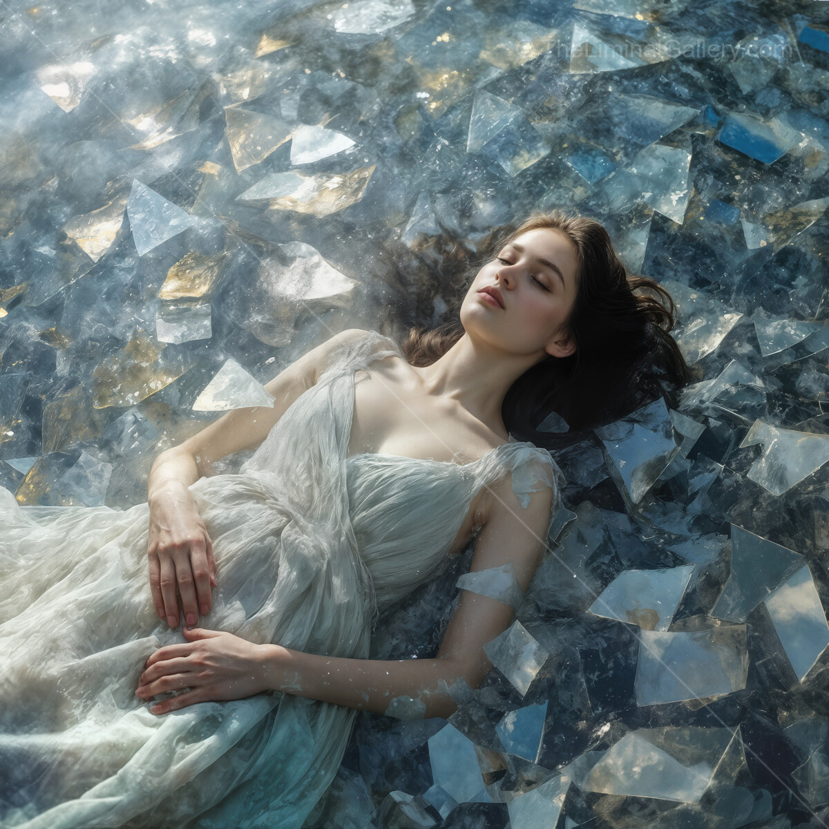 Woman in a surreal white dress floats among crystalline shards in a dreamlike landscape