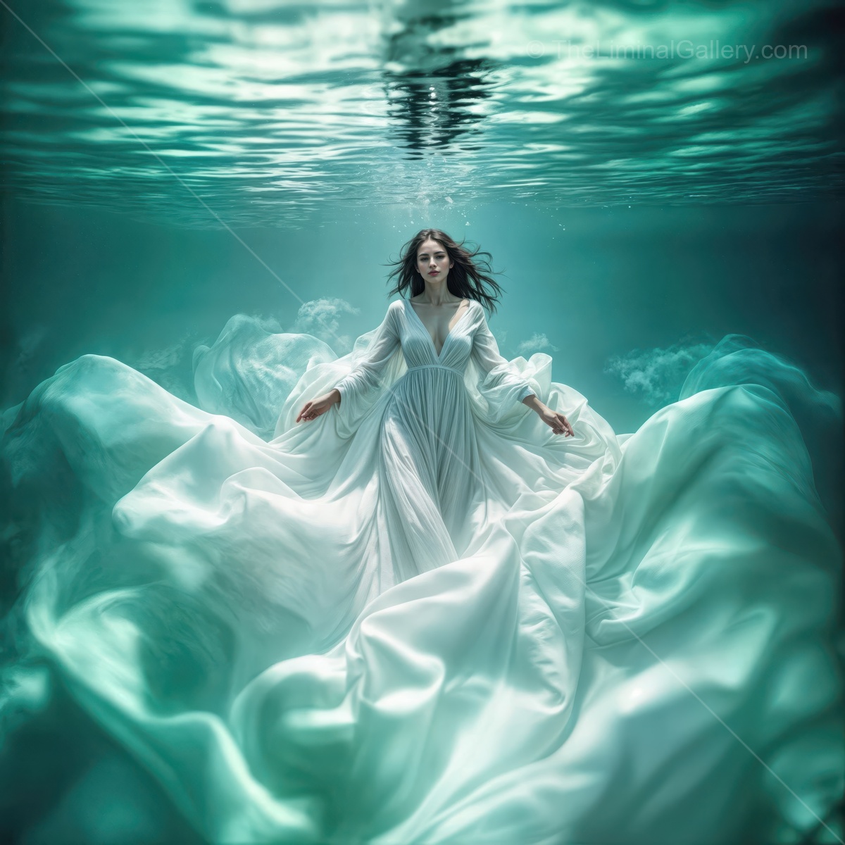 Surreal woman gracefully swims in the deep blue underwater world, surrounded by flowing fabric and shimmering light
