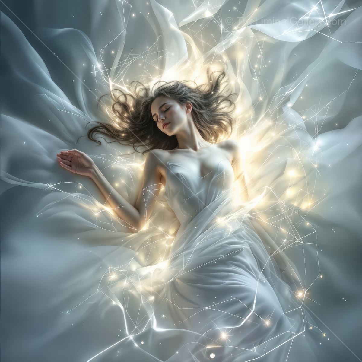 Surreal woman surrounded by ethereal light and flowing fabric in a dreamlike atmosphere