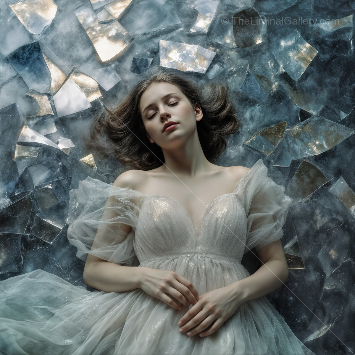 Surreal woman in ethereal dress resting on a shimmering mosaic of ice and glass