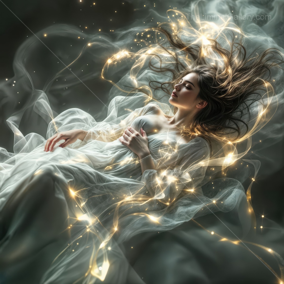 Surreal woman in a mystical embrace of ethereal light and flowing fabric amidst a dreamlike atmosphere