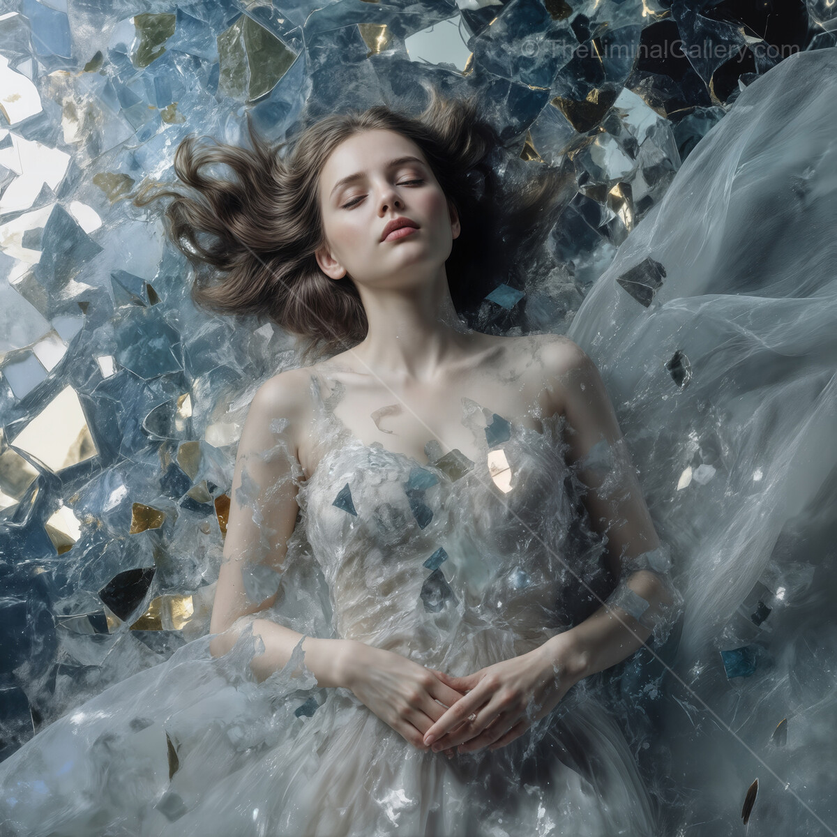 Surreal woman floating in a dreamlike landscape of shattered glass and ethereal beauty