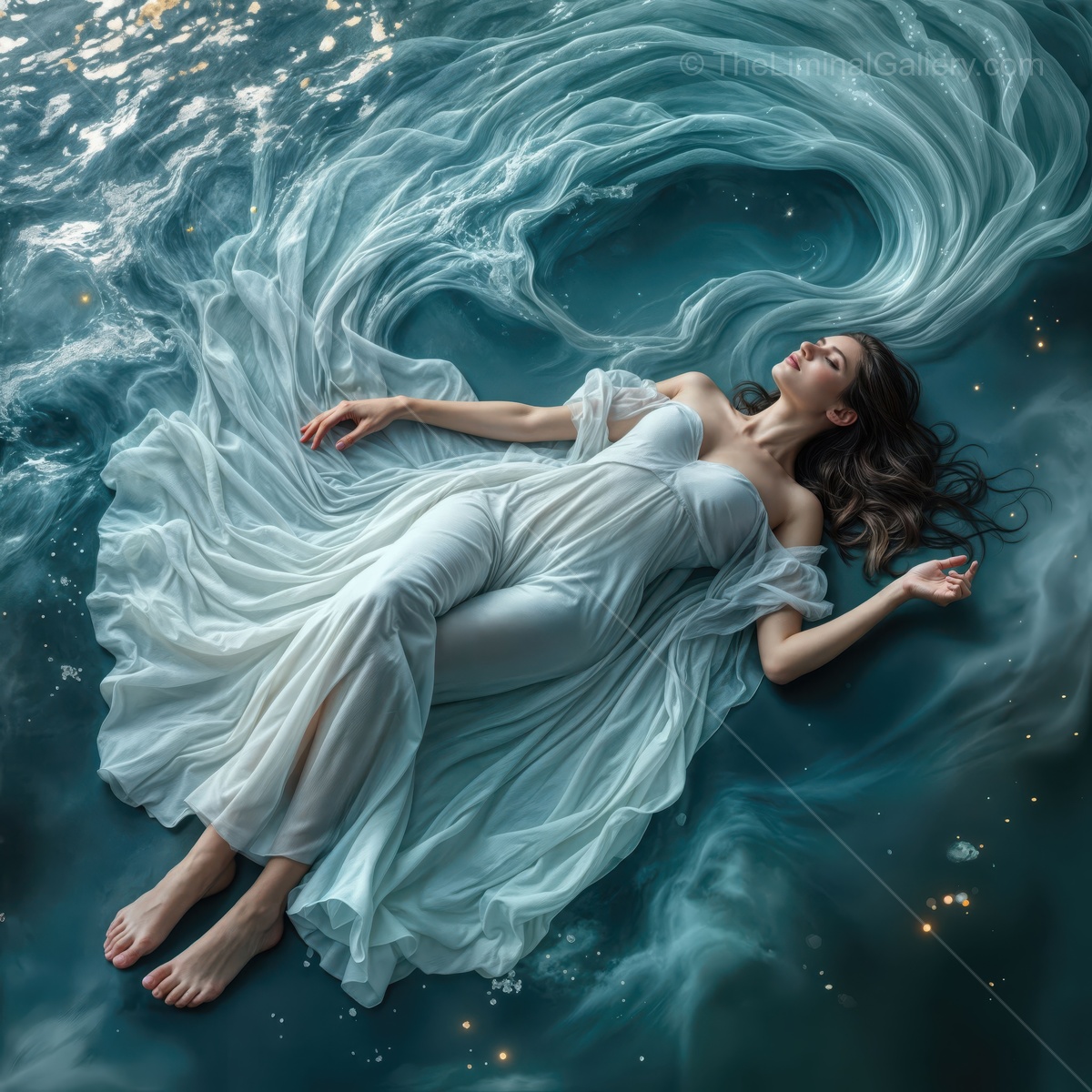 Surreal woman in flowing fabric drifts effortlessly upon tranquil waters under a starry night sky