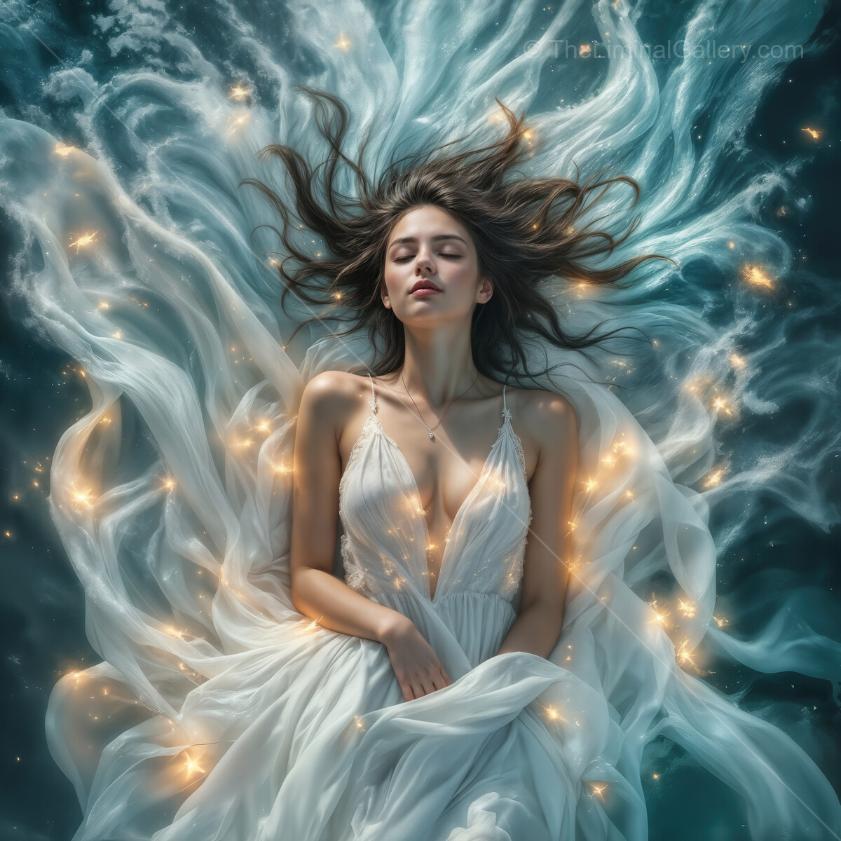Surreal woman surrounded by flowing fabrics and shimmering light in a dreamy underwater world