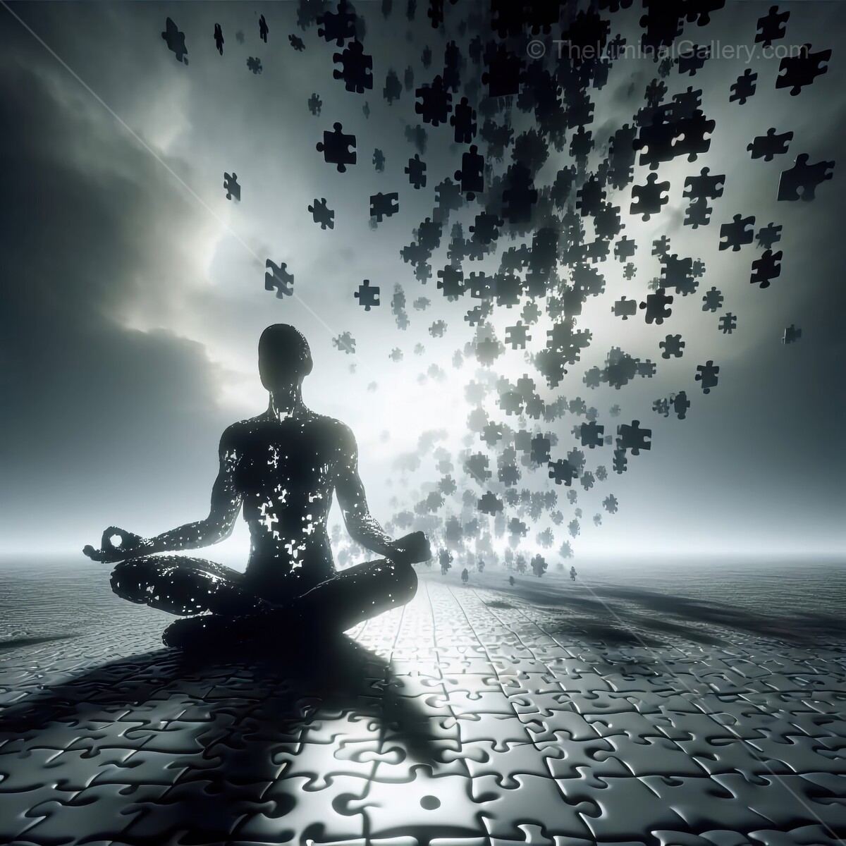 Contemplation in a surreal world of disintegrating puzzle pieces and ethereal light