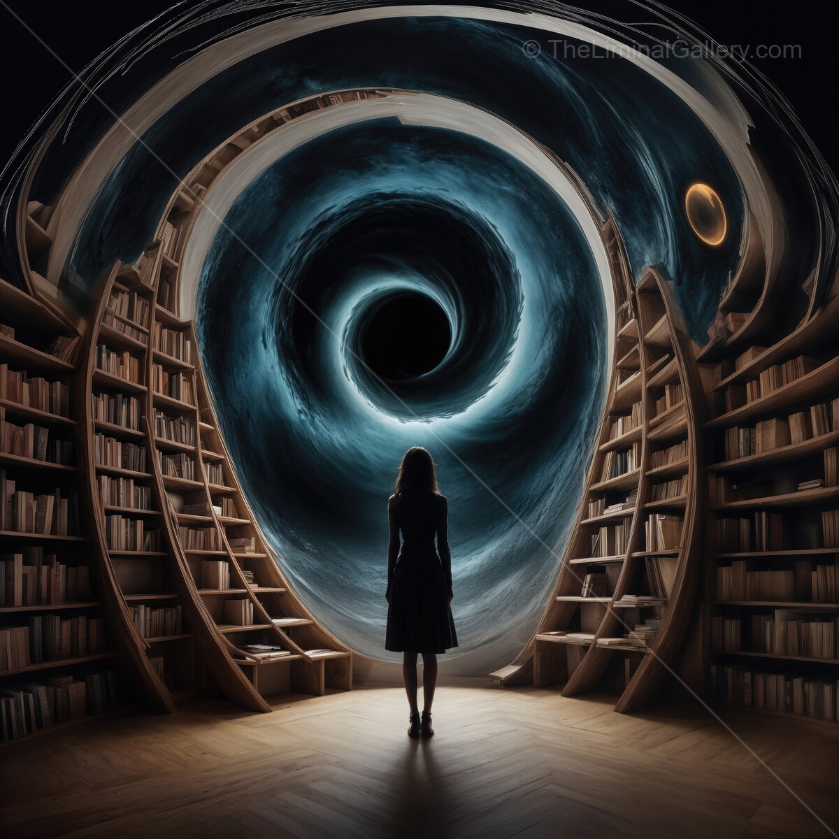 Mystical woman stands before swirling portal in a grand library of imagination
