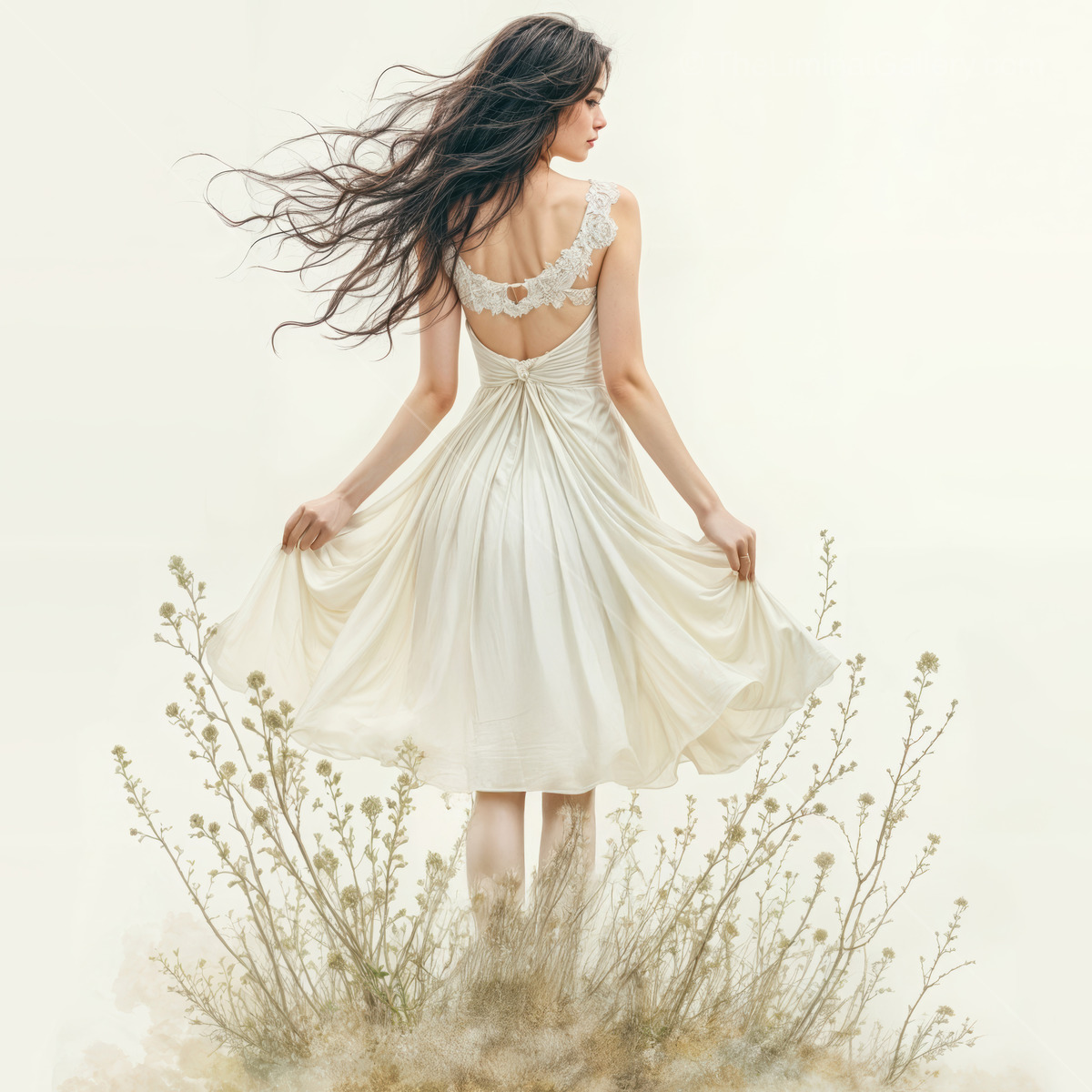 Woman in a flowing dress stands amid tall grass under soft light, hair lifted as stems sway