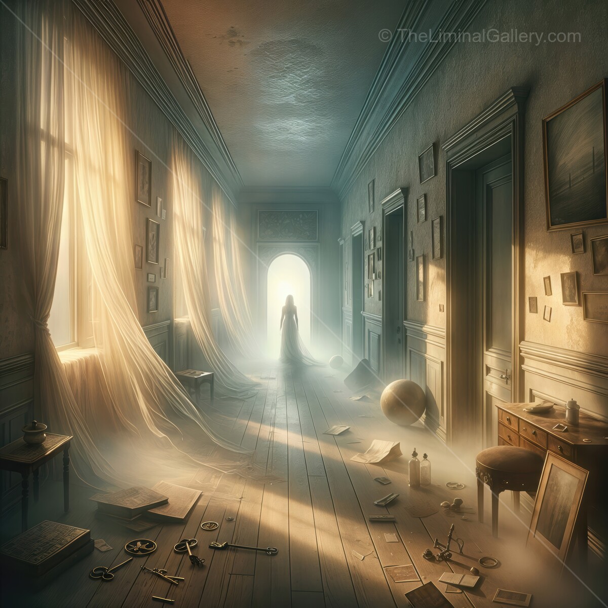 Ethereal figure wanders a mysterious hallway illuminated by soft light in an abandoned space