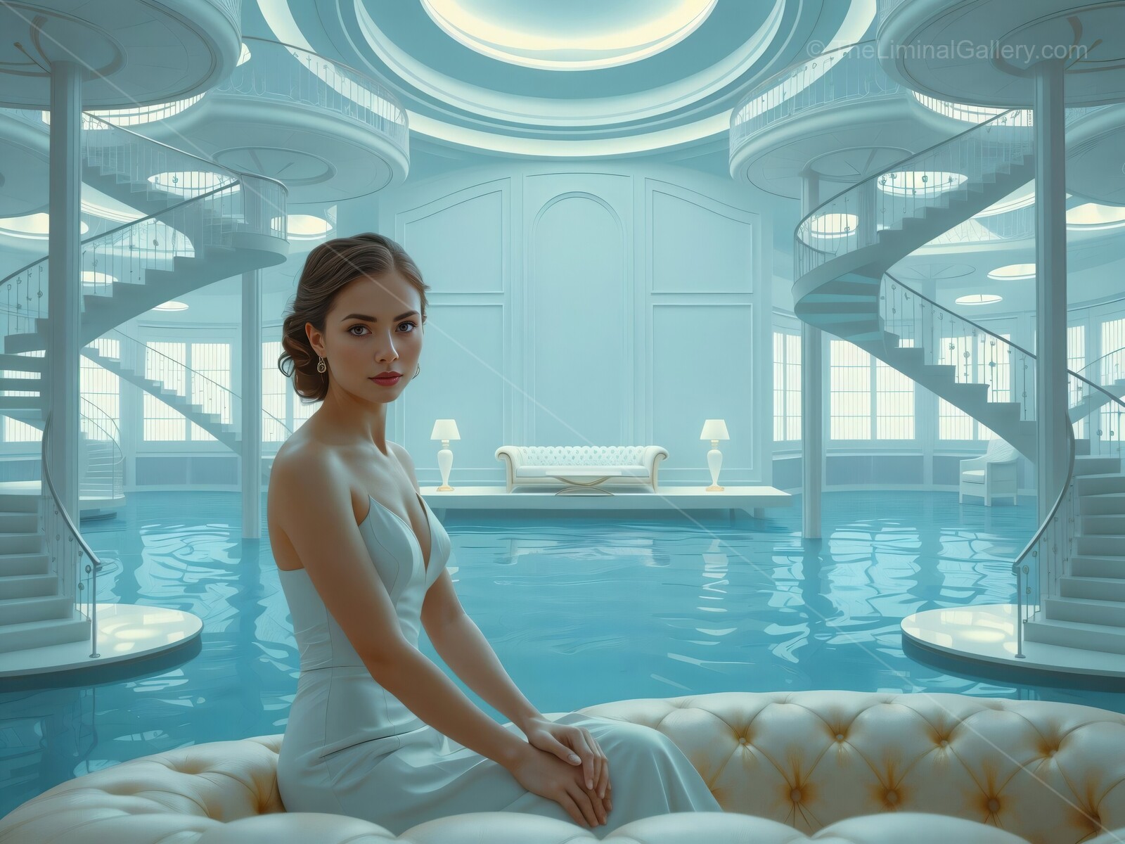 Captivating beauty in a tranquil blue oasis with an elegant figure poised on a plush sofa