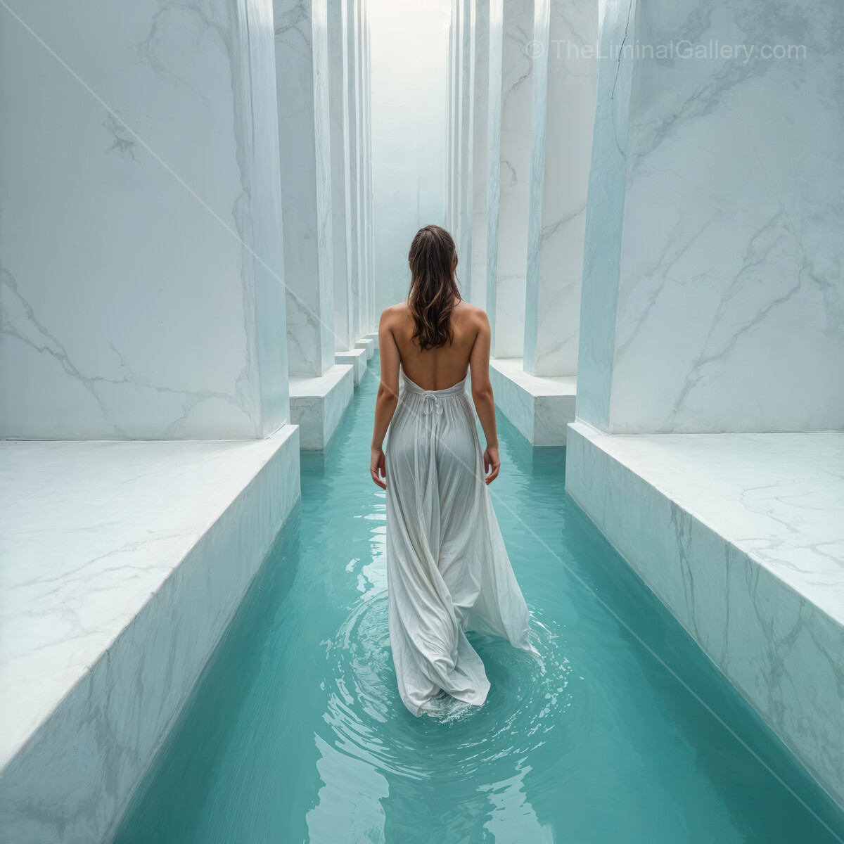 Ethereal journey through tranquil liminal marble corridors with serene waters in a dreamlike setting
