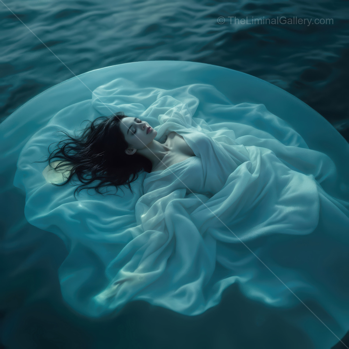 Woman drifts on a translucent surface above still water, fabric veiling her as dusk light fades