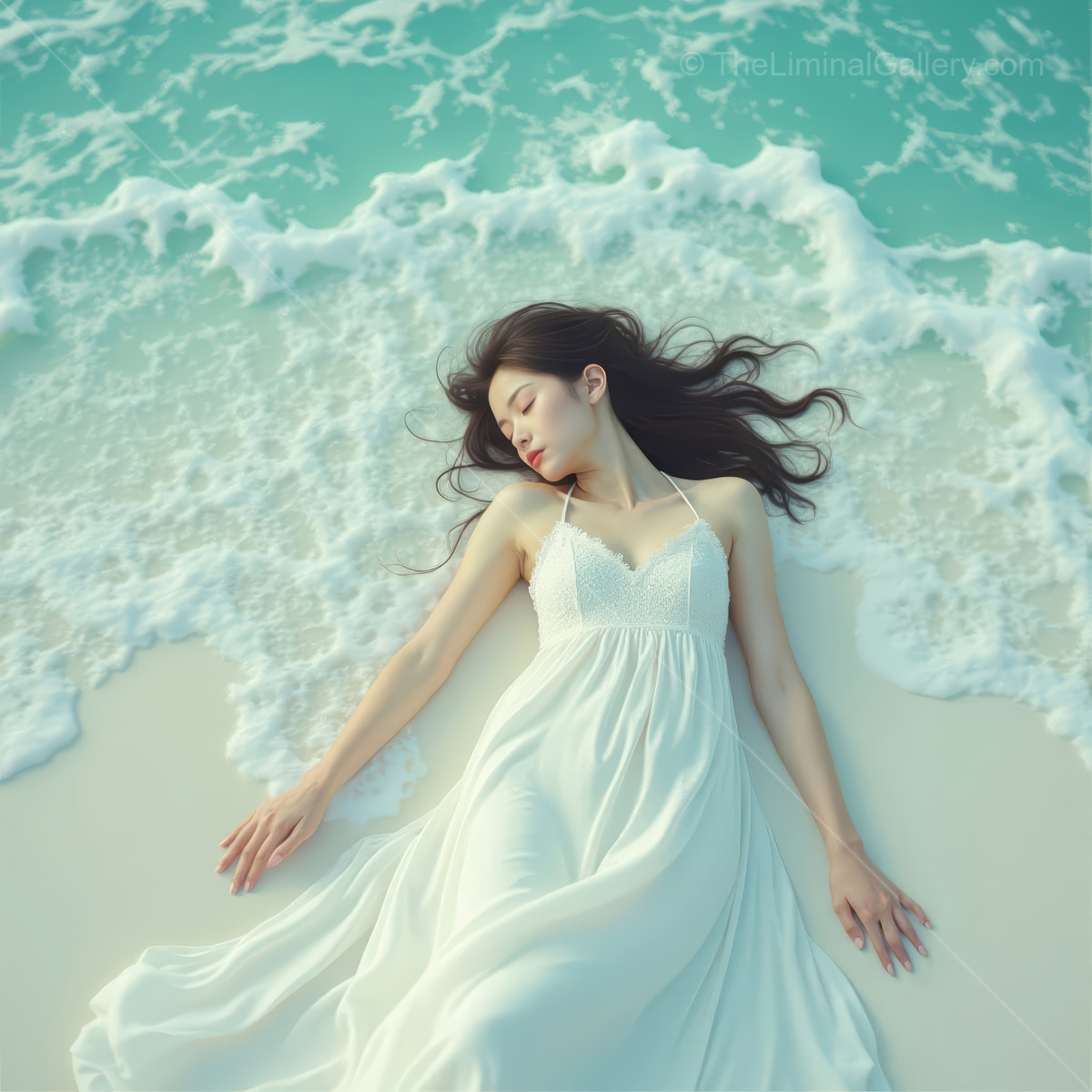 Woman in a white dress lies where small waves fold over sand at twilight, hair tracing wet ripples