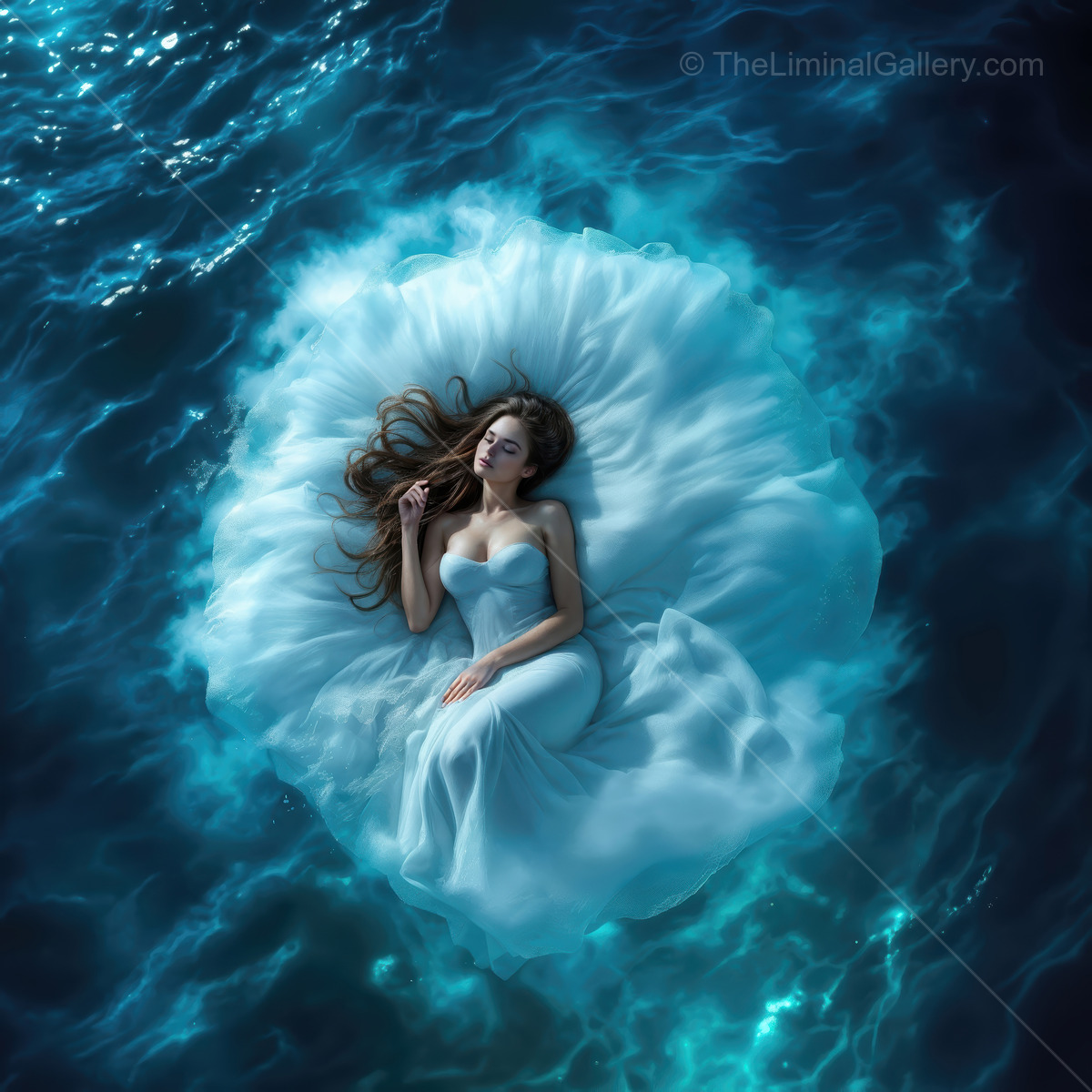 Woman in a white gown floats on blue water at twilight, hair rippling as the surface glows