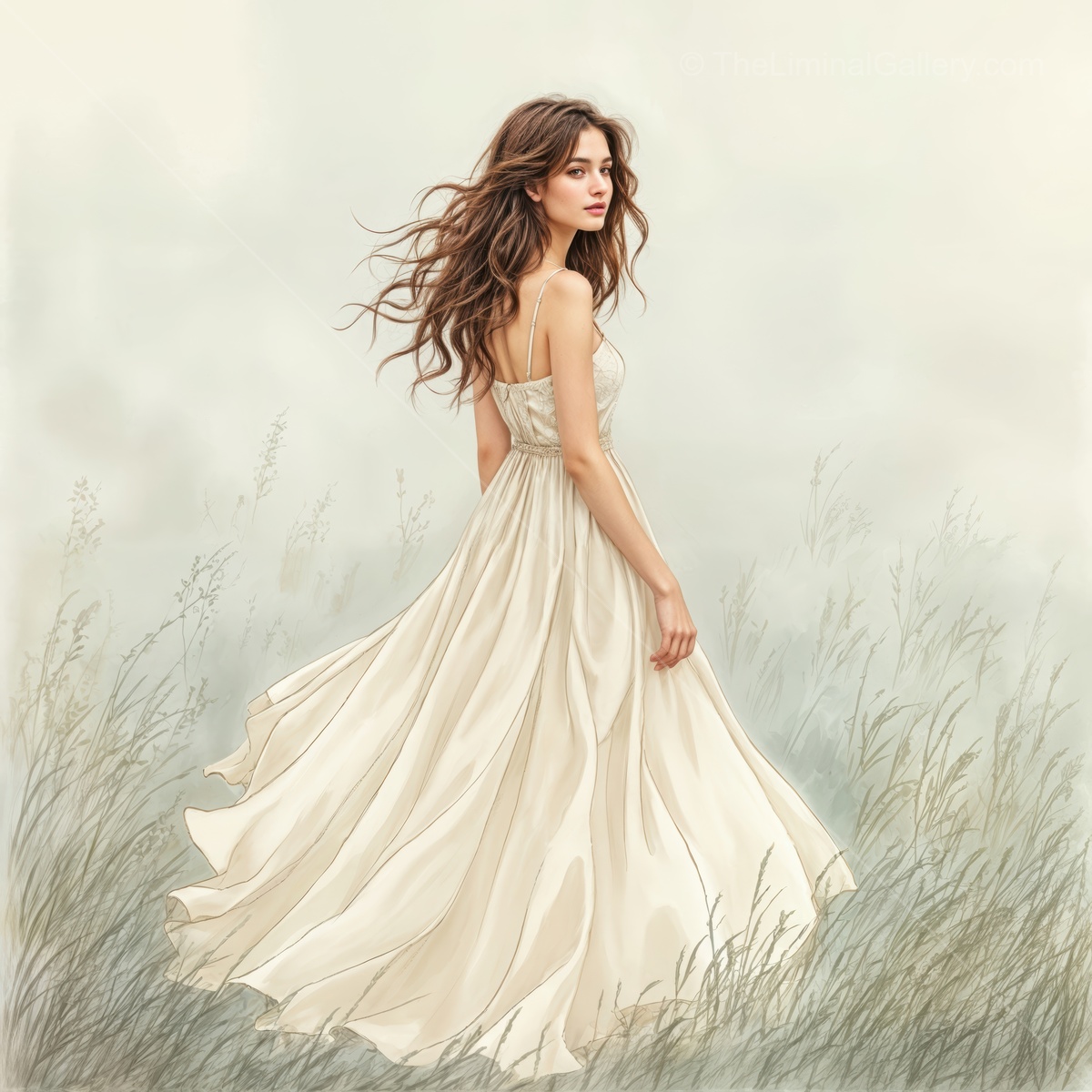 Woman in a white gown crosses a tall grass field at twilight, muted tones calming the scene