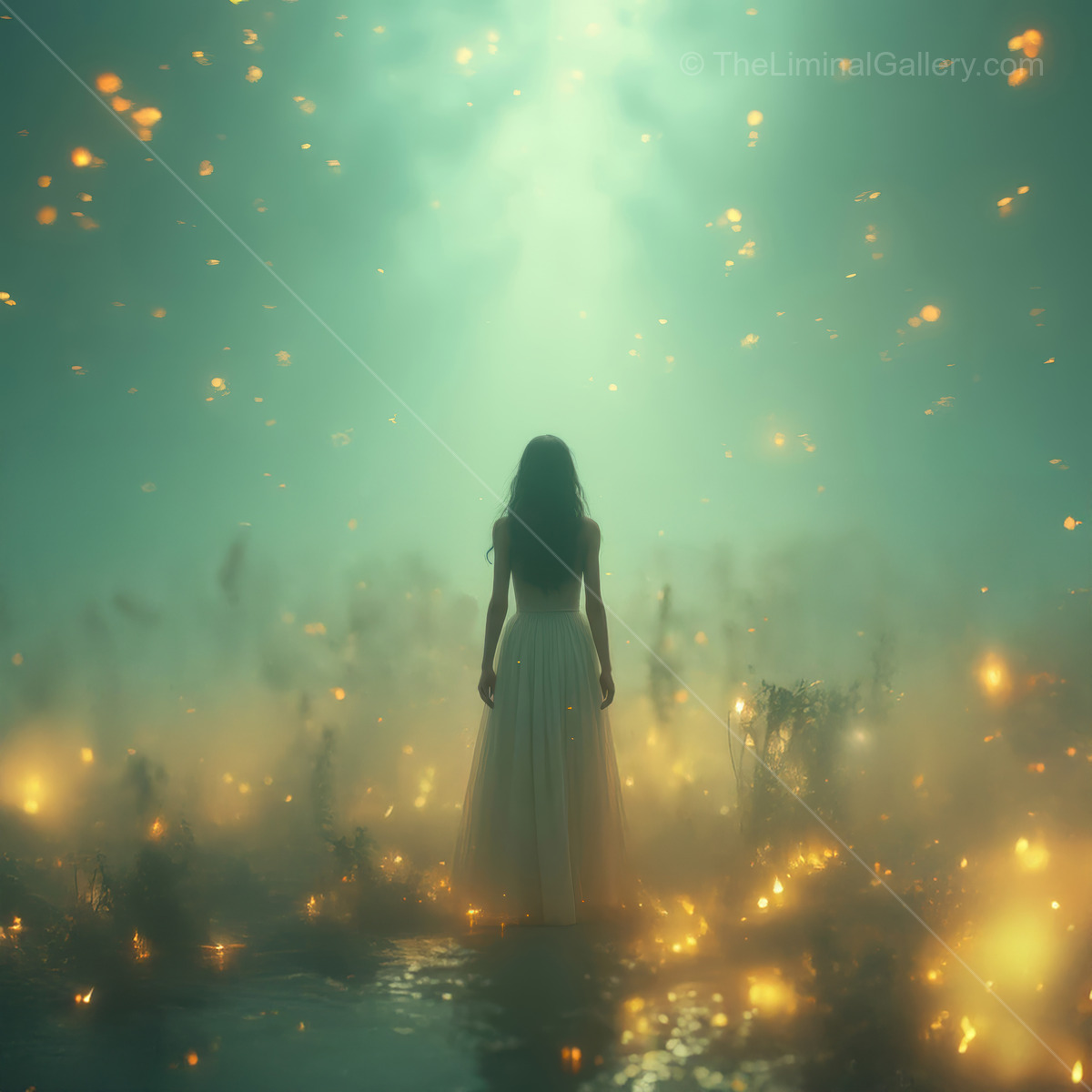 Woman in a white dress stands among suspended lights and low fog, twilight tones softening the distance