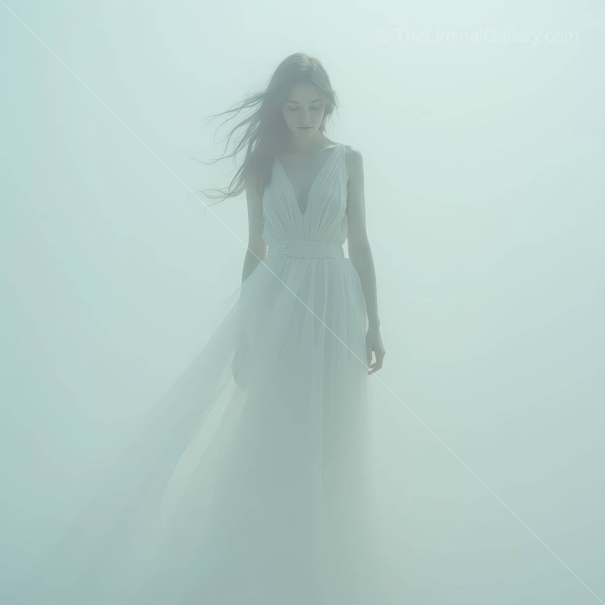 Woman in a flowing white gown stands in twilight fog, hair moving as muted tones veil the scene