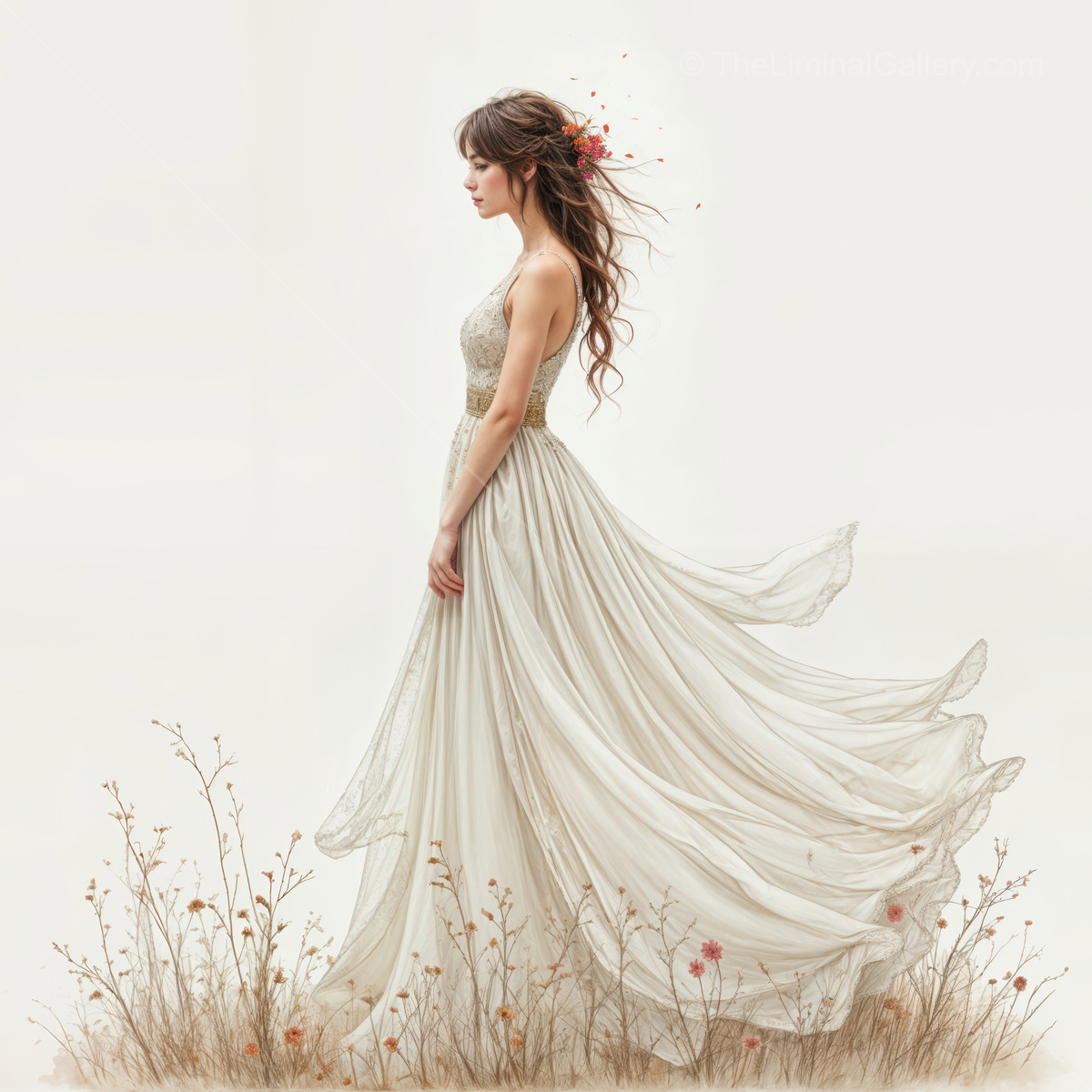 Woman in a twilight gown stilled mid-breeze, floral hair accents and pale light tracing the fabric