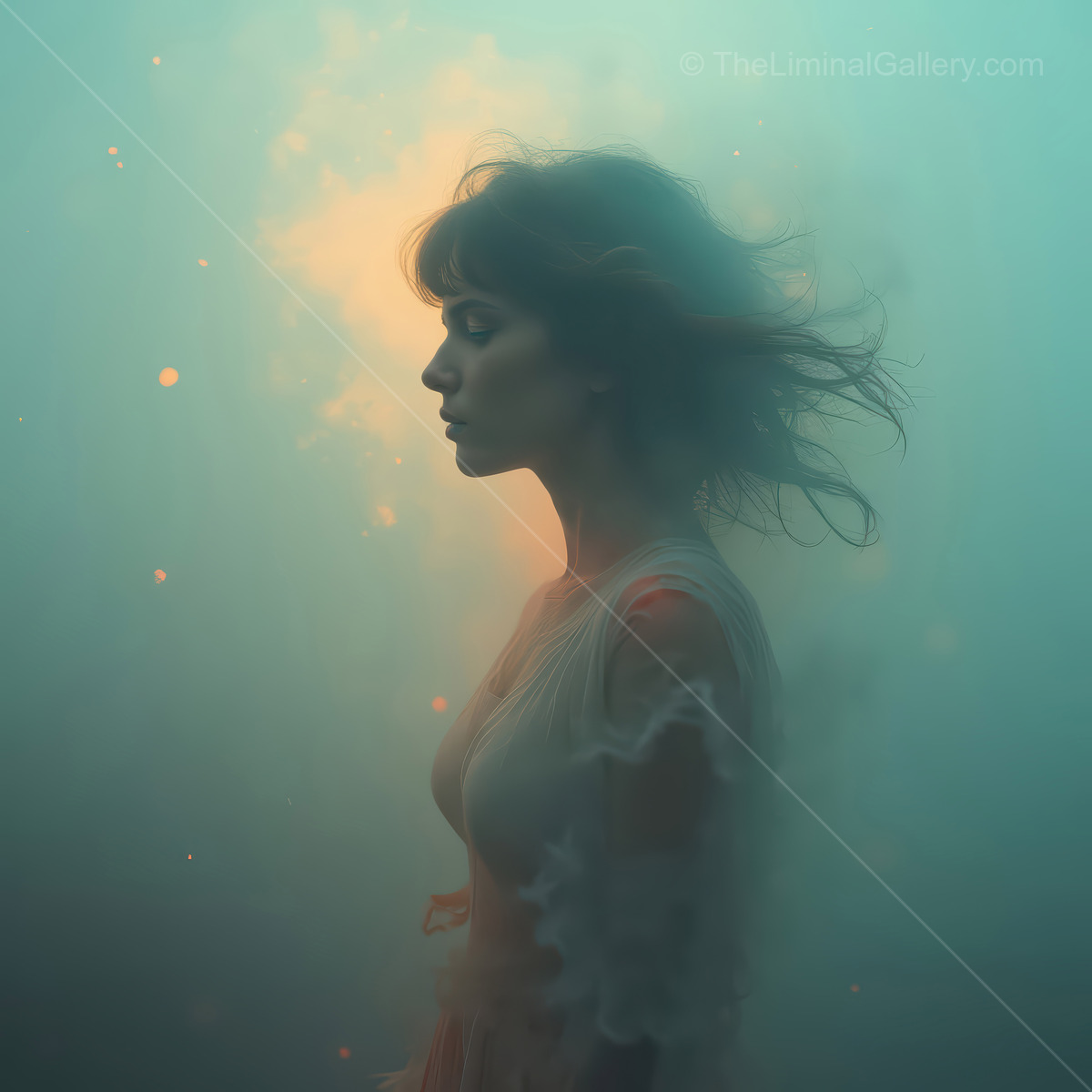 Woman stands inside rolling mist at twilight, loose hair lifting as cool blues meet warm backlight