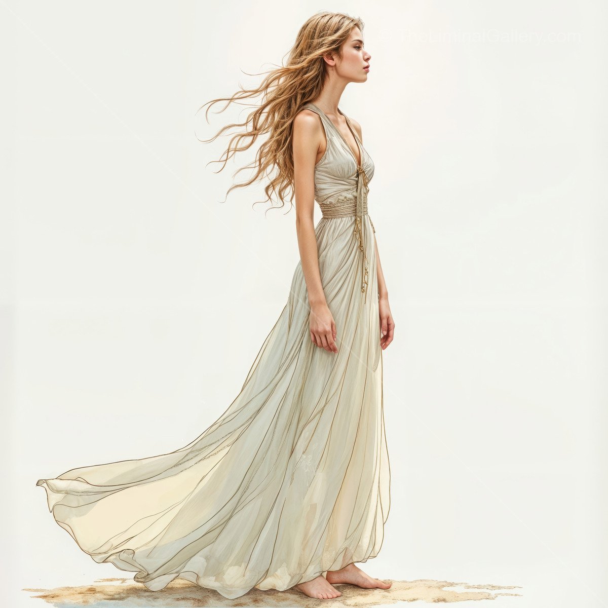 Barefoot woman in a light dress stands on a quiet shoreline at twilight, breeze lifting the hem