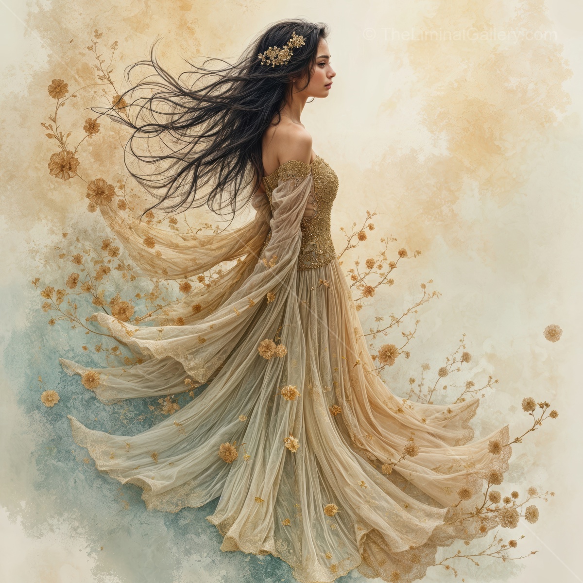 Woman twirls in a detailed gown as pale blossoms drift, hair streaming in the soft light