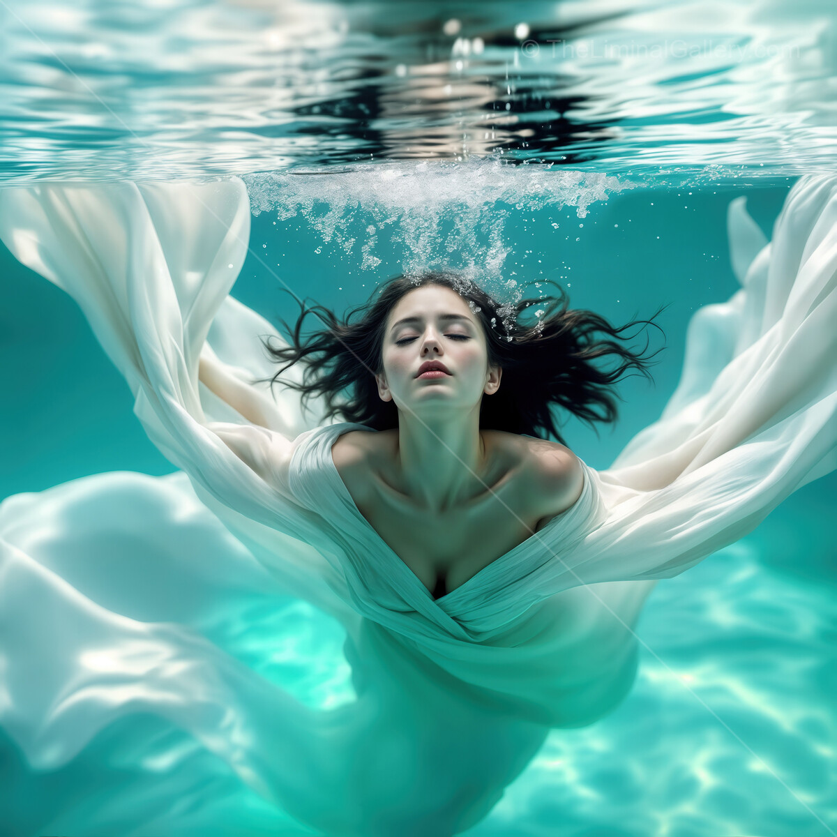 Underwater dreamscape with a woman gracefully draped in ethereal fabric surrounded by shimmering blue hues