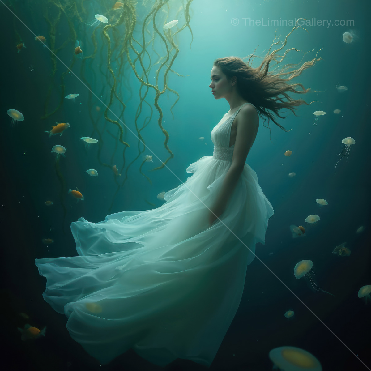Woman in a white dress floats among jellyfish and colorful fish, sun shafts piercing the blue