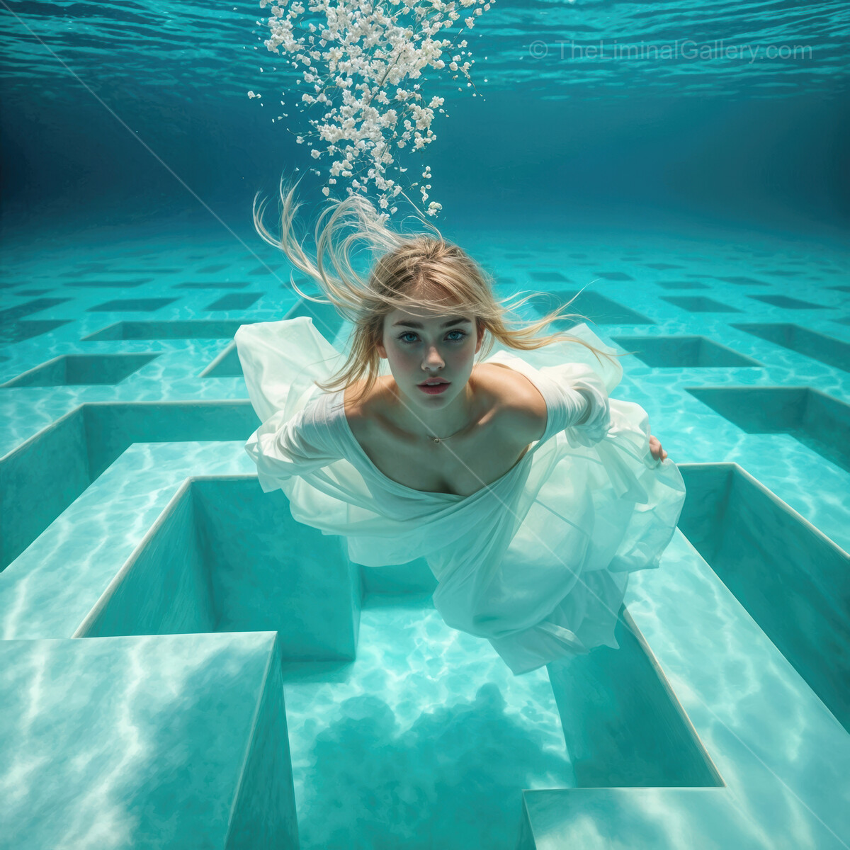 Graceful figure exploring an underwater maze amidst shimmering blue waters in an enchanting atmosphere