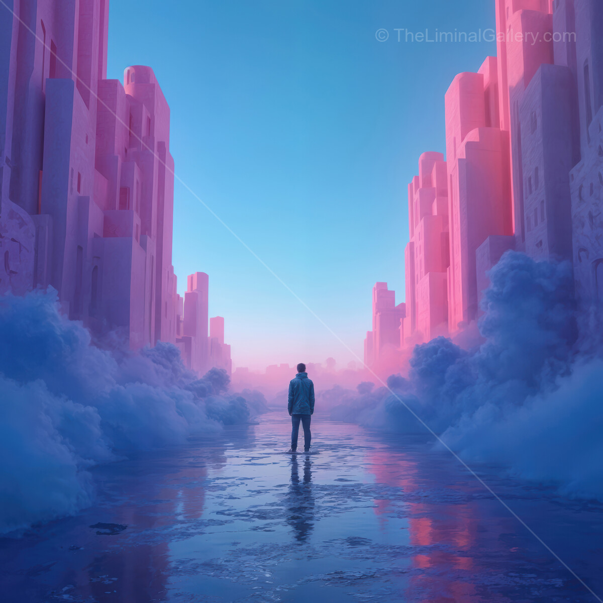Vibrant encounter in a surreal landscape at dawn embraced by soft mist and towering pink structures