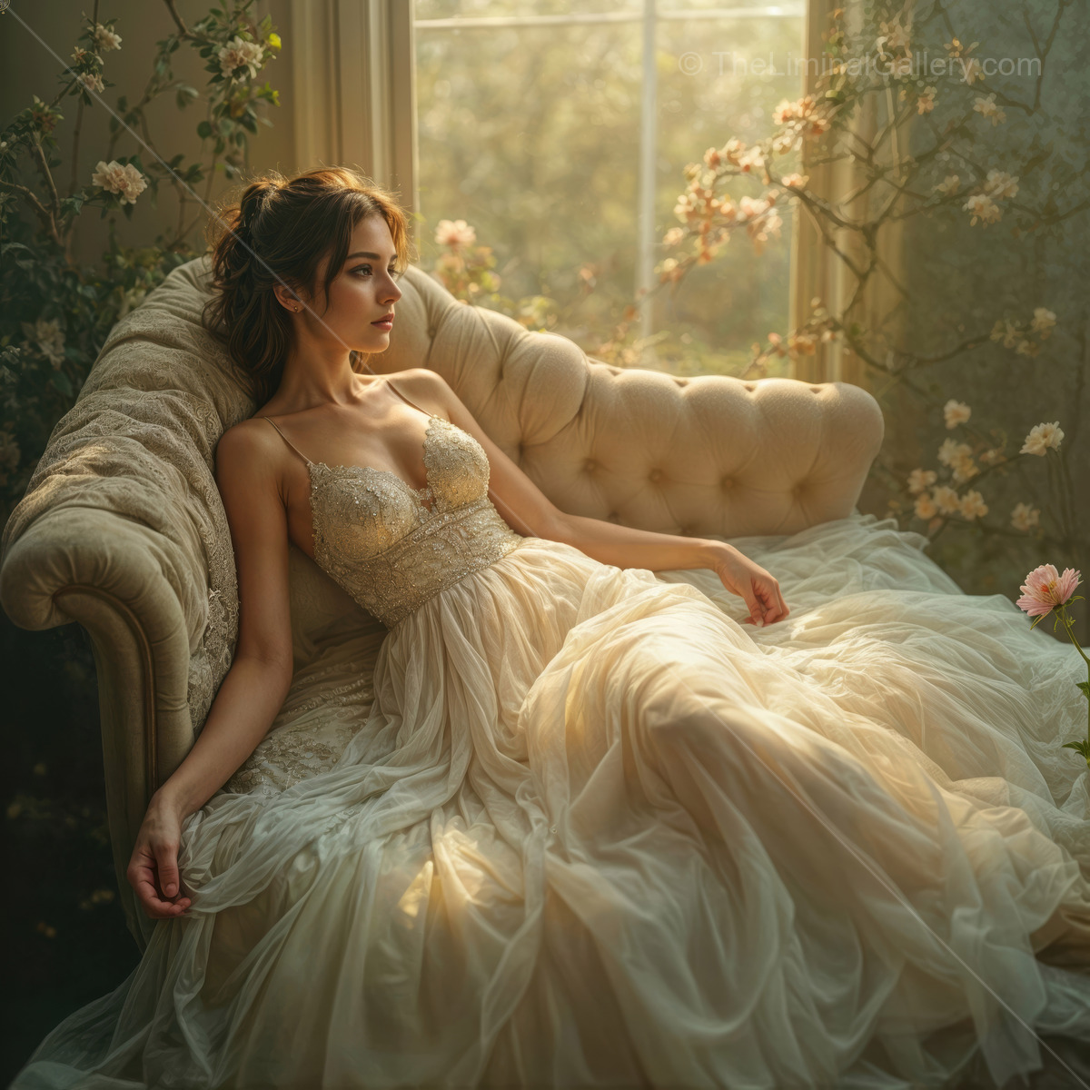 Woman in a gauzy dress reclines on a vintage sofa as window light brushes her and nearby flowers