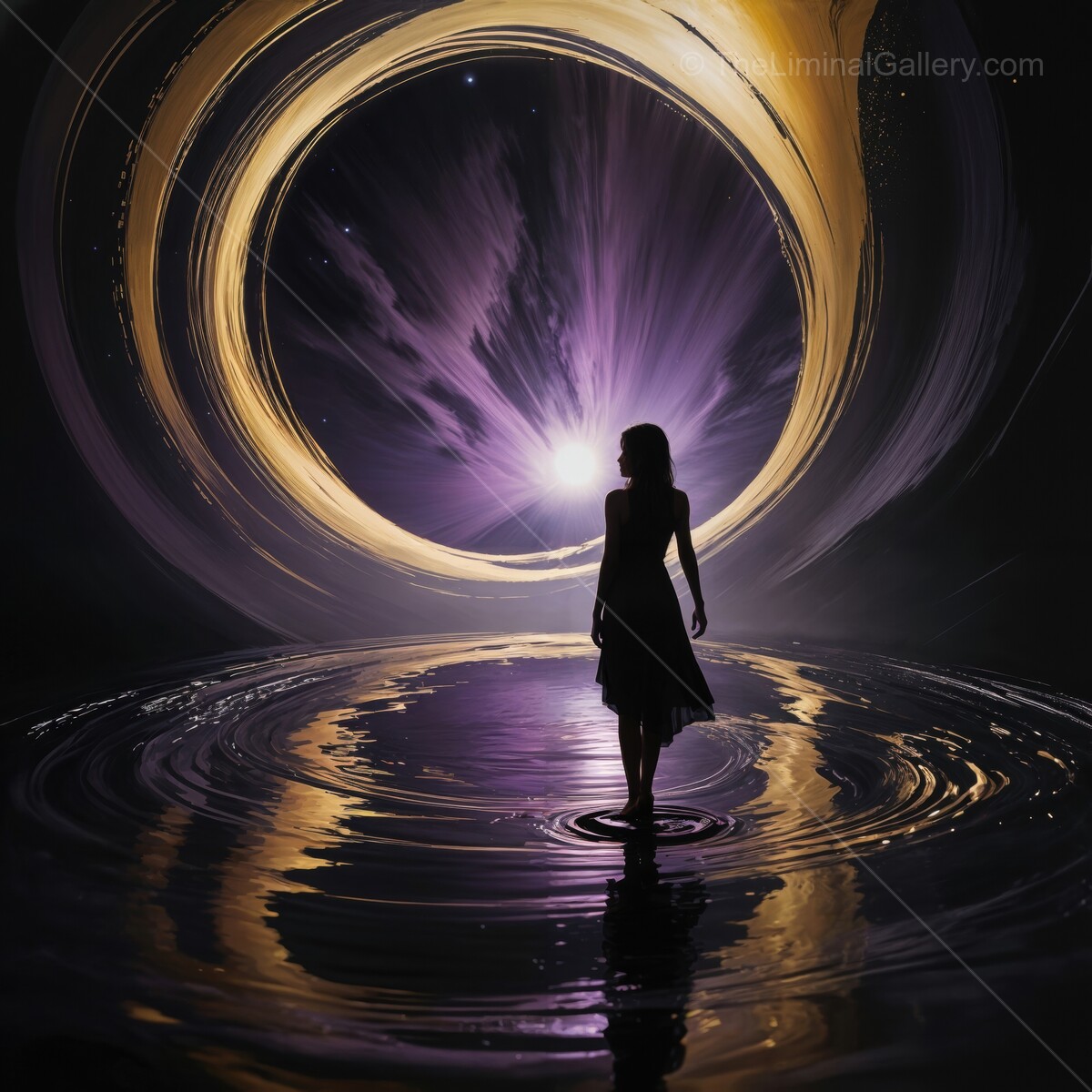 Mystical silhouette beside a swirling violet portal in a serene reflective landscape at twilight