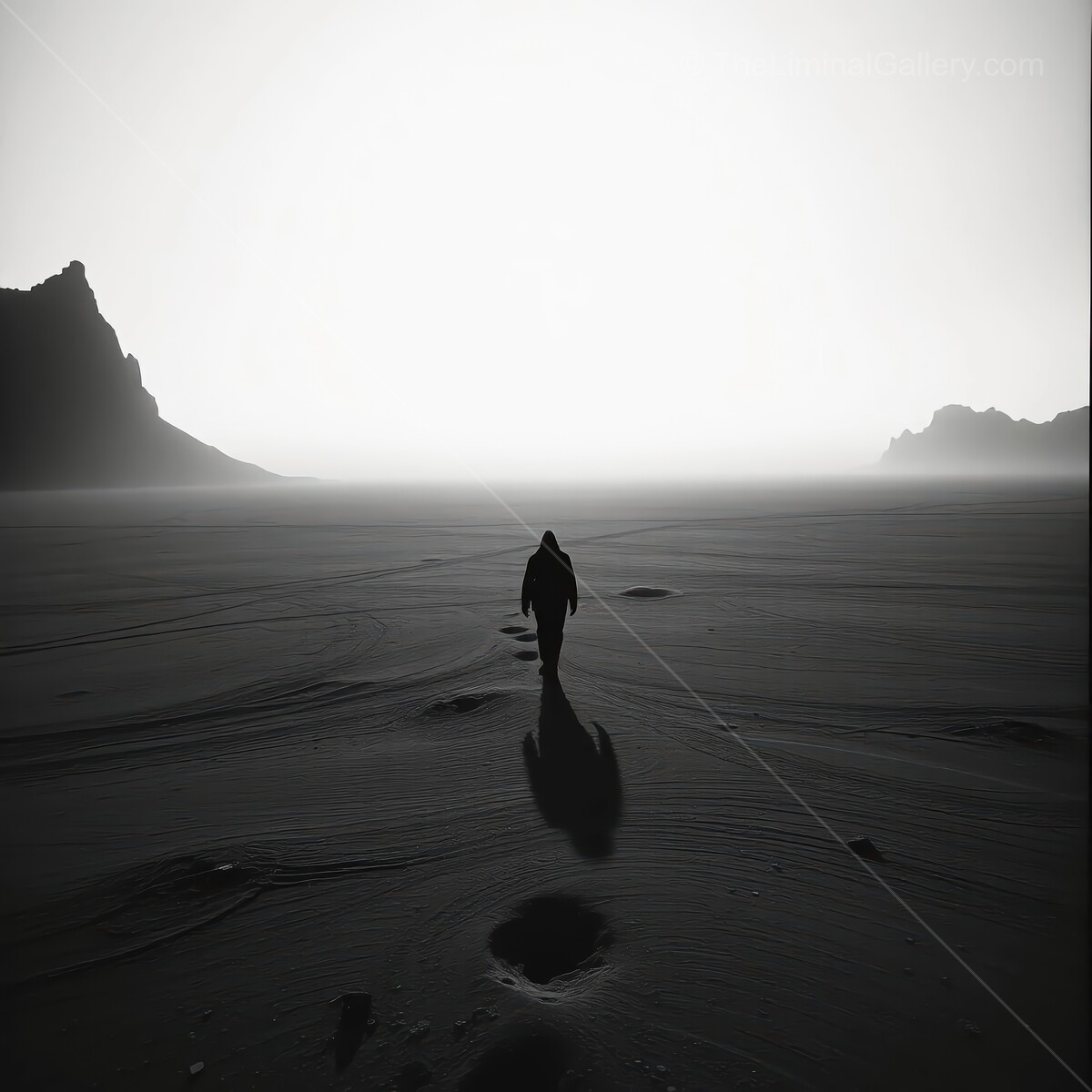 Walking in solitude across a vast, misty landscape at dawn under a muted sky