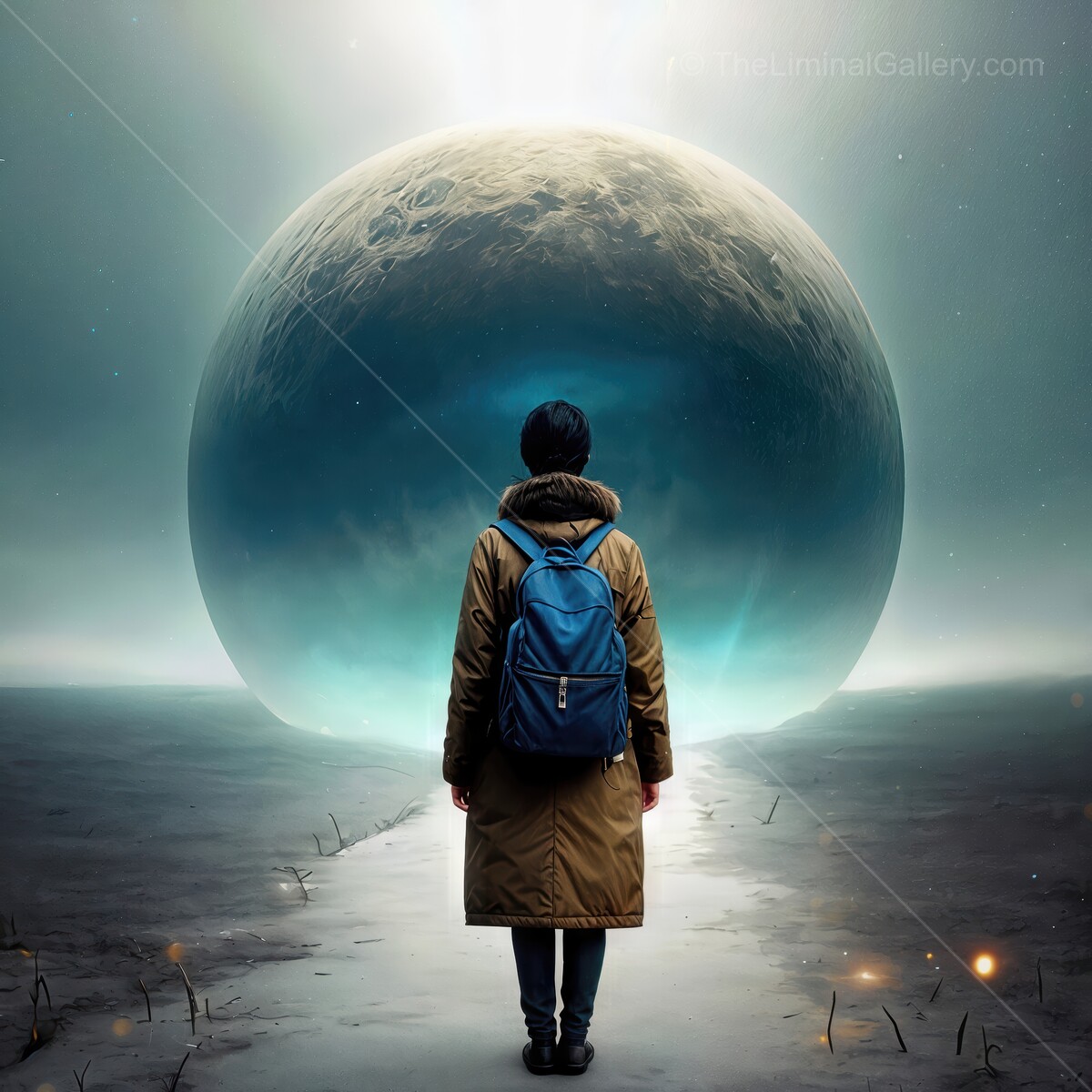 Wanderer stands before a colossal celestial sphere in a surreal dreamlike landscape at twilight