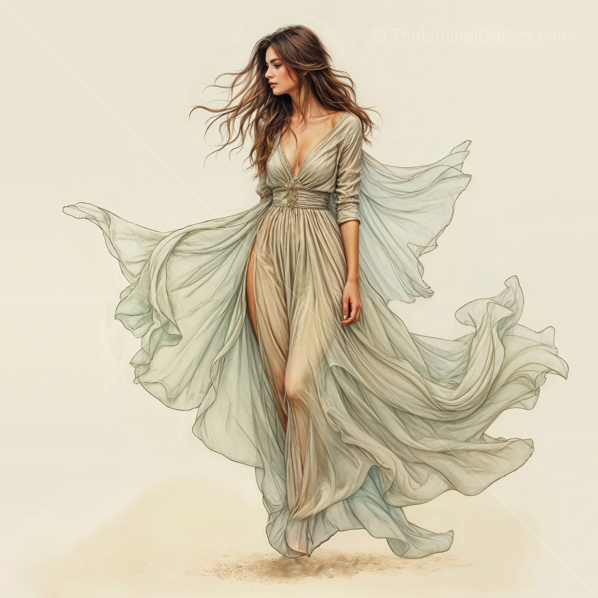 Woman wrapped in flowing fabric turns in warm haze, highlights sliding along pleats and strands of hair