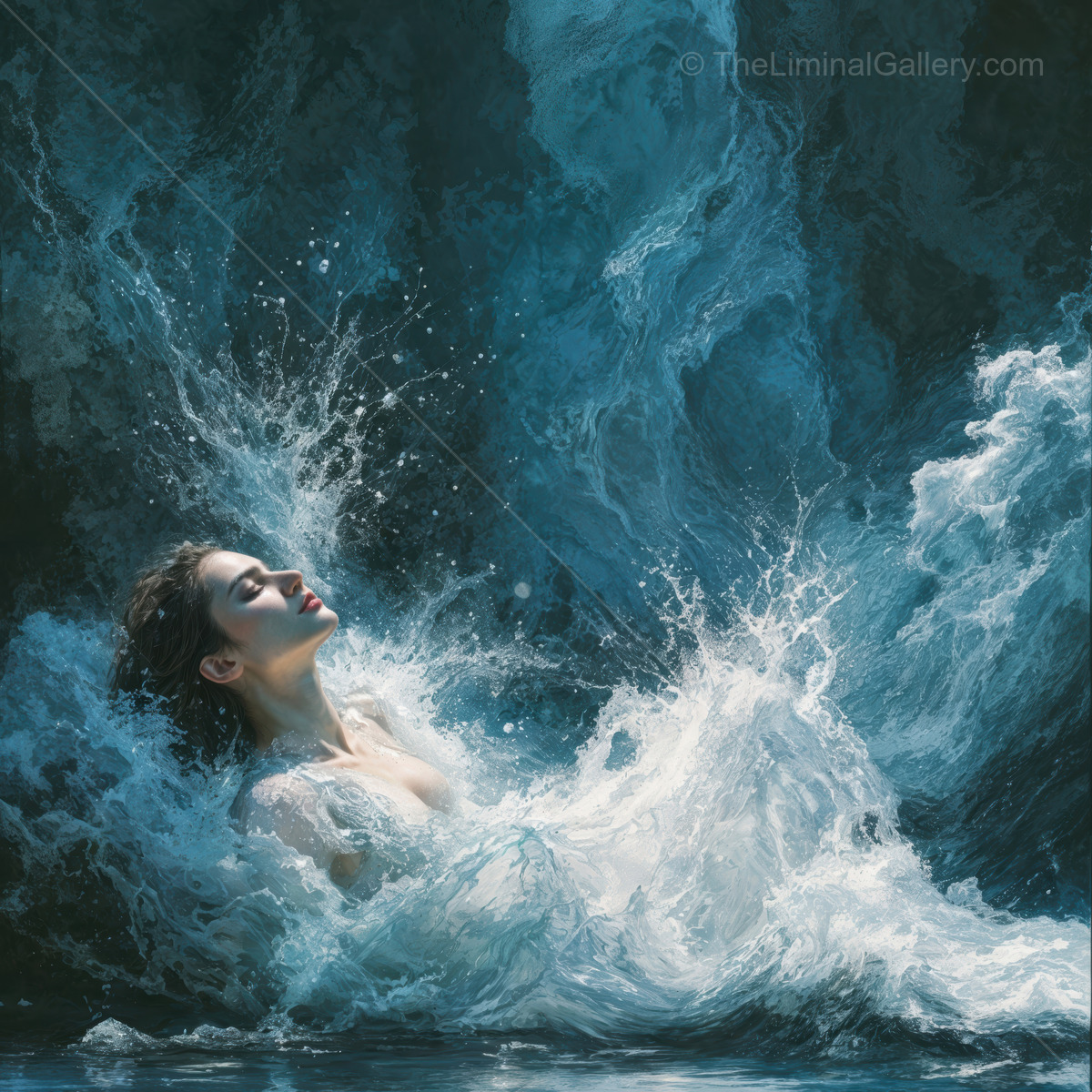Woman leans back from water as blue and white currents curl around her, light stippling the surface