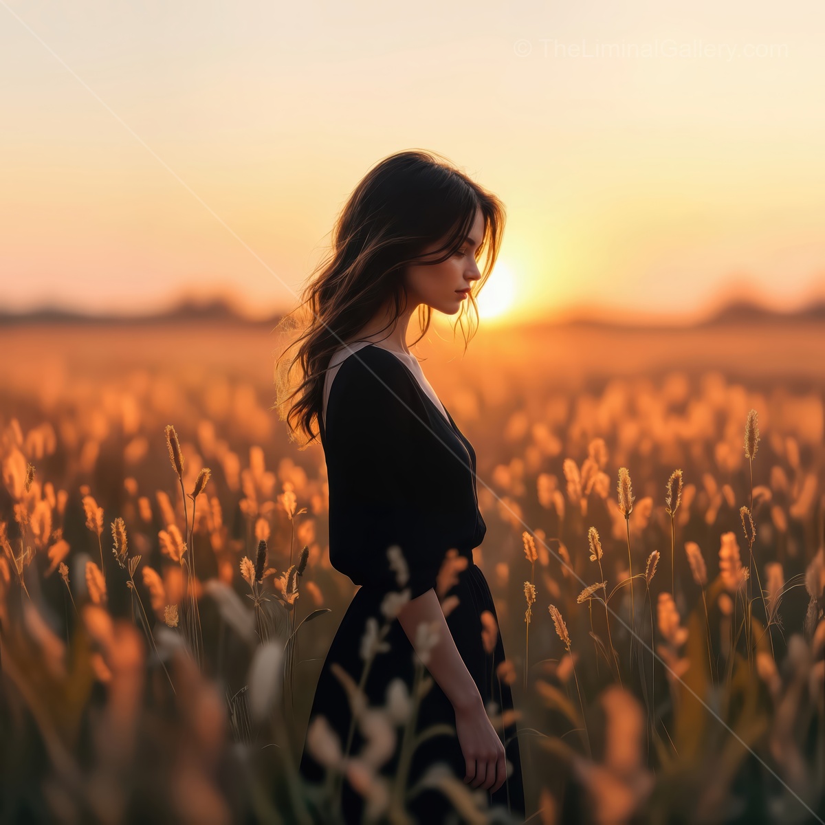 Woman in a black dress walks a golden wheat field at sunset, warm wind lifting the stalks
