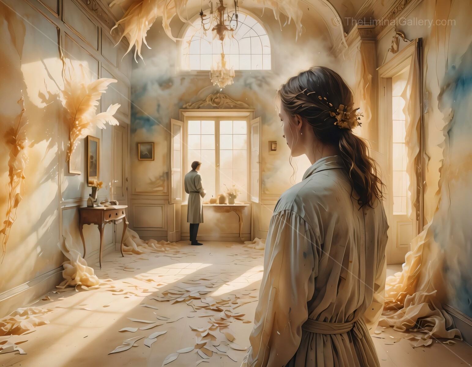 Whispers of a forgotten dream in an ethereal, sunlit room surrounded by delicate motifs