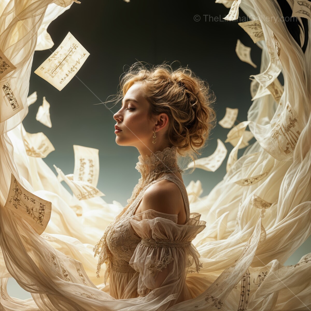 Whispers of melody envelop a serene woman in a dreamlike musical landscape