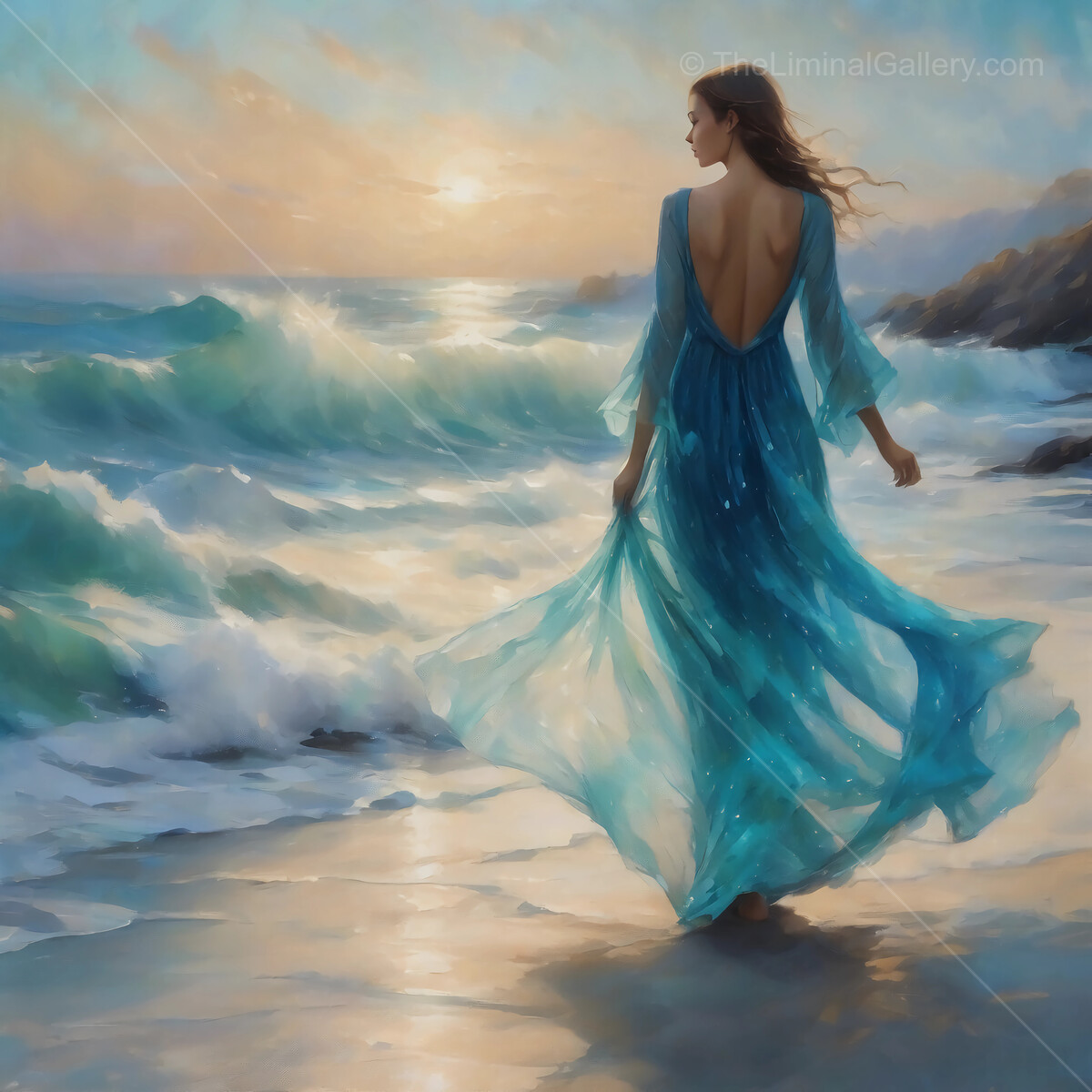 Woman in a flowing blue dress walks along the shore as the sun sets over the ocean