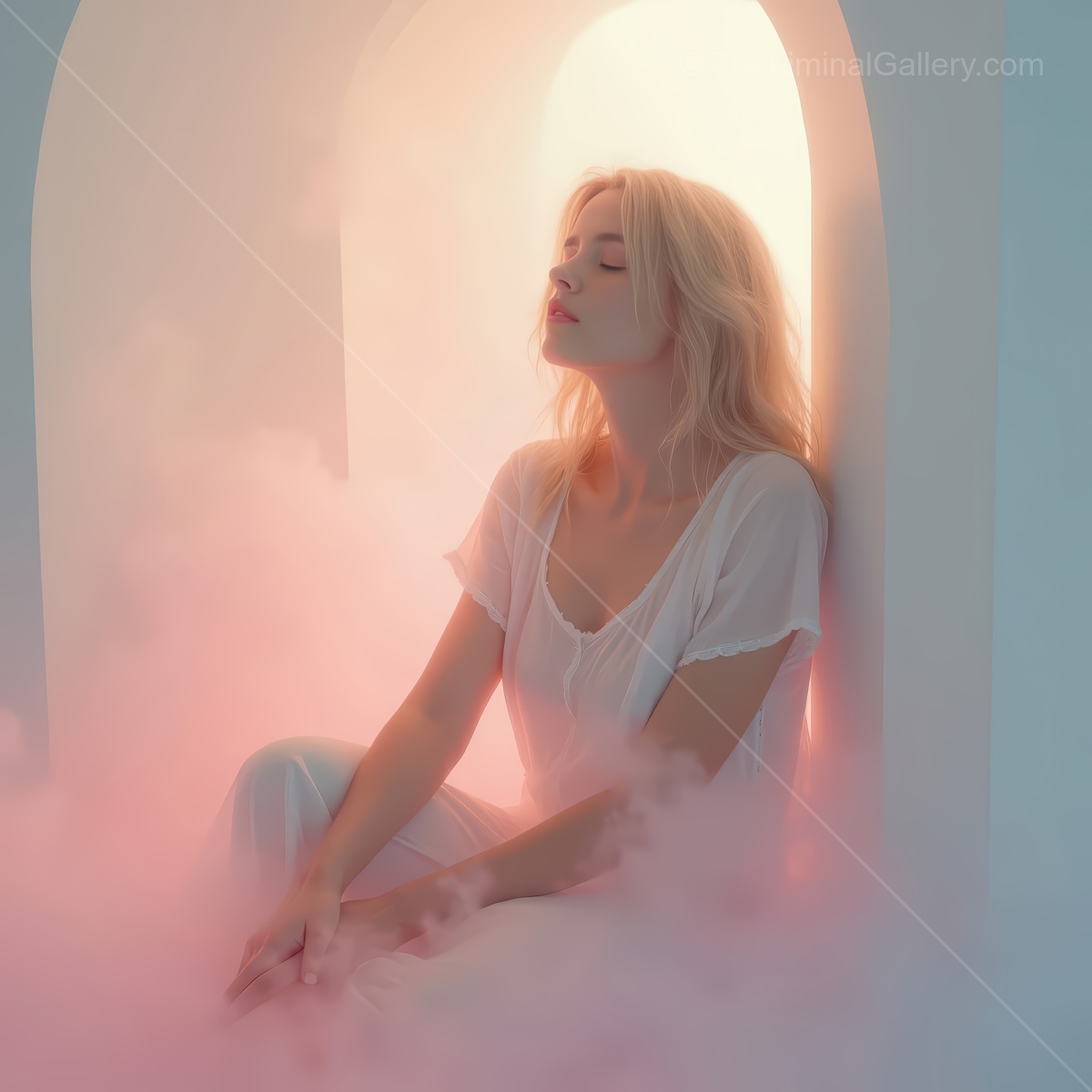 Woman with blonde hair leans against a white arch as warm backlight glows through thin fog and softens her thoughtful profile