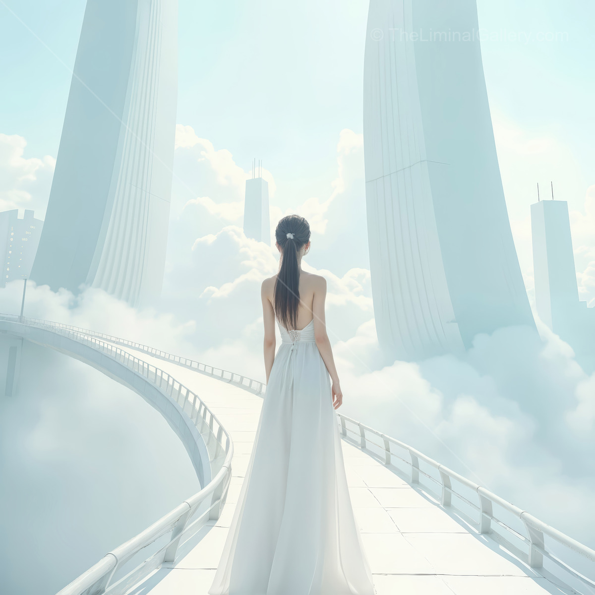 Woman on a winding white bridge enters a clouded city, distant structures softened by bright mist