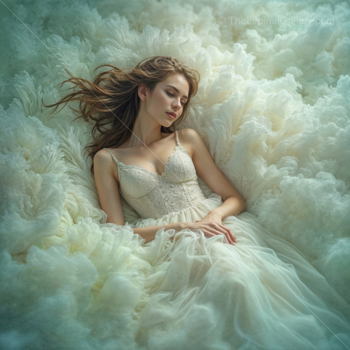 Woman rests among billowed white clouds, hair melding with soft contours under quiet light