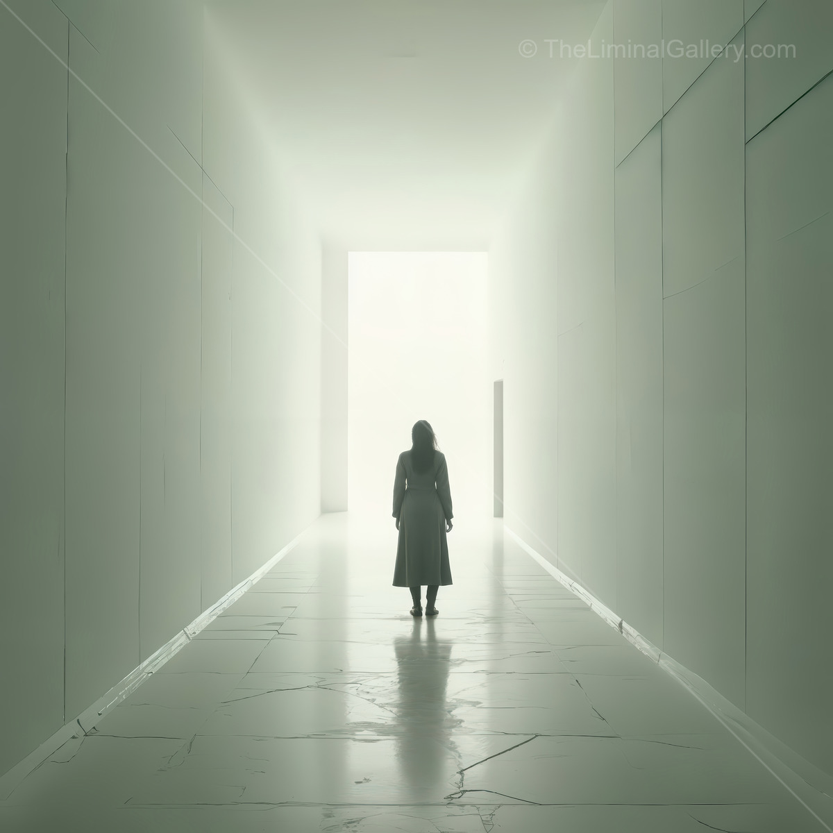Silhouetted woman walks a white corridor toward an opening, walls glowing so her outline thins into the light