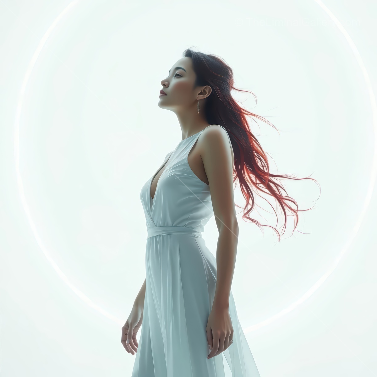 Woman in a flowing white dress tilts her face to soft overhead light, smooth backdrop diffusing edges