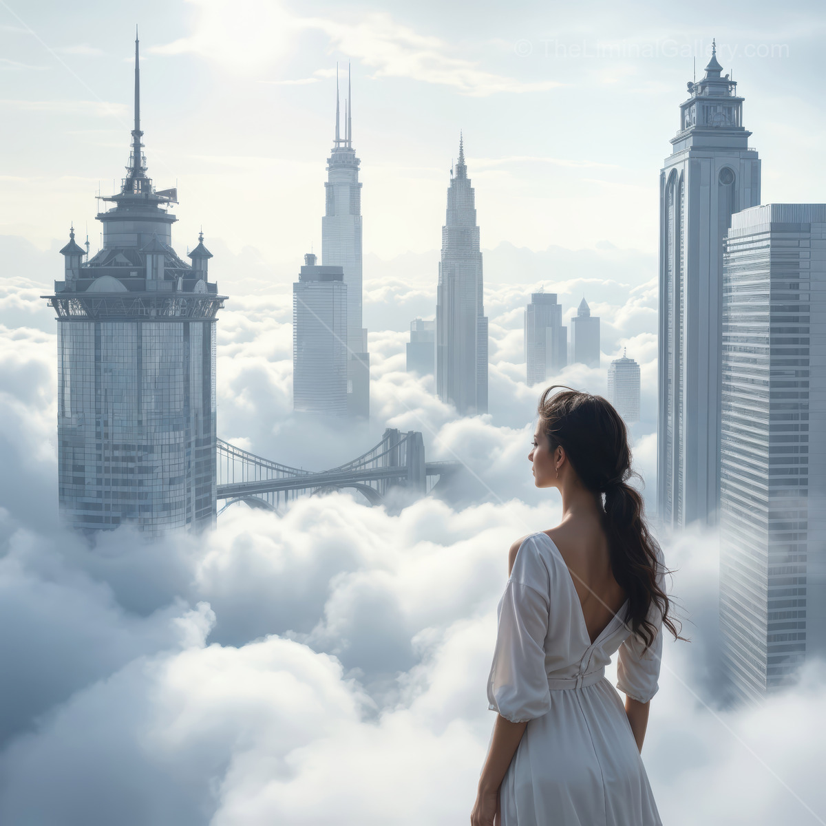 Woman in a white gown leans at a balcony over a city in clouds, early light softening the forms