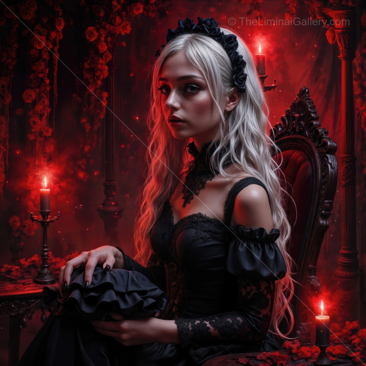 Woman with long white hair in lace black dress sits on an ornate chair amid red candles and fallen roses