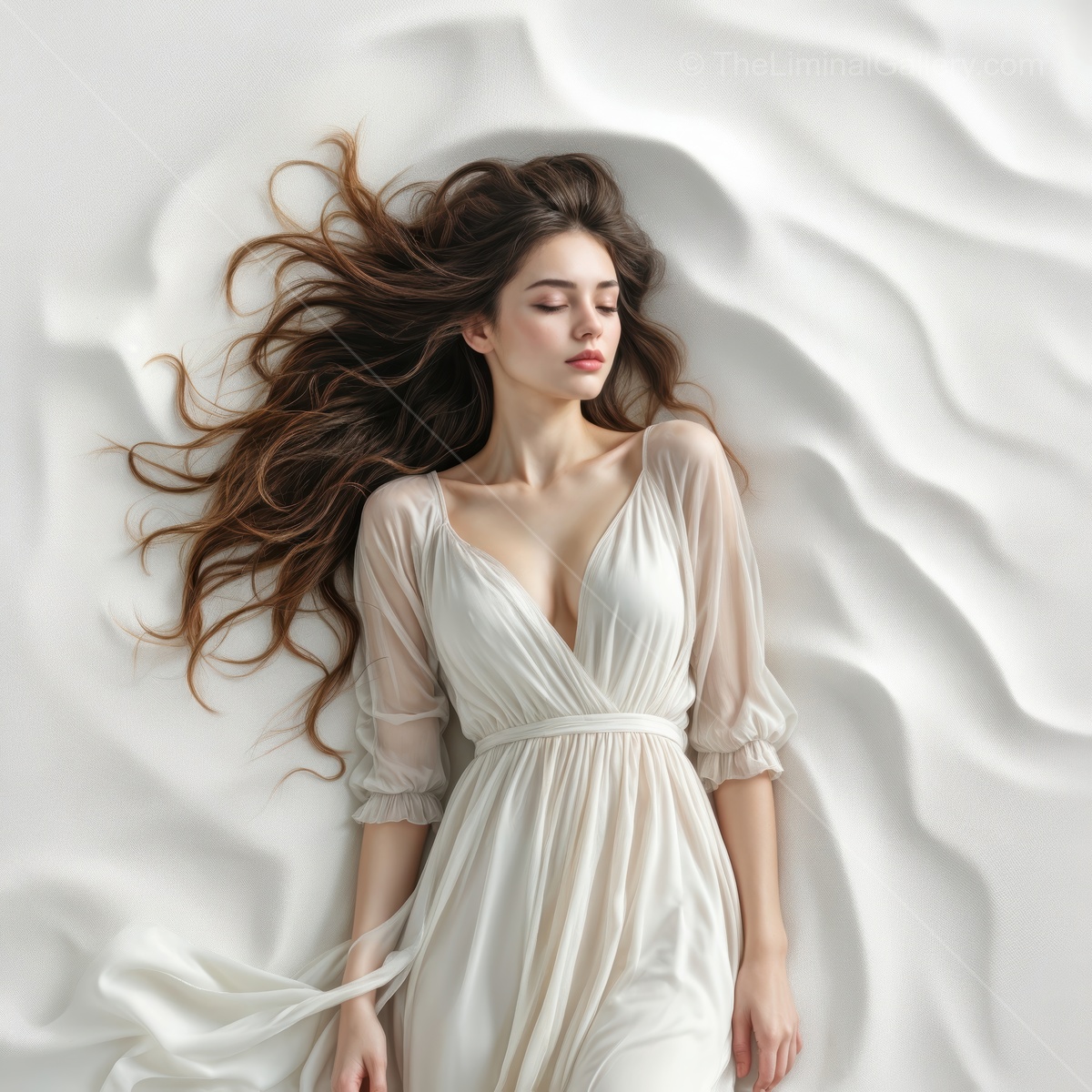 Woman in a light gown lies across sculpted waves of white textile with long hair streaming as twilight glow softens the contours