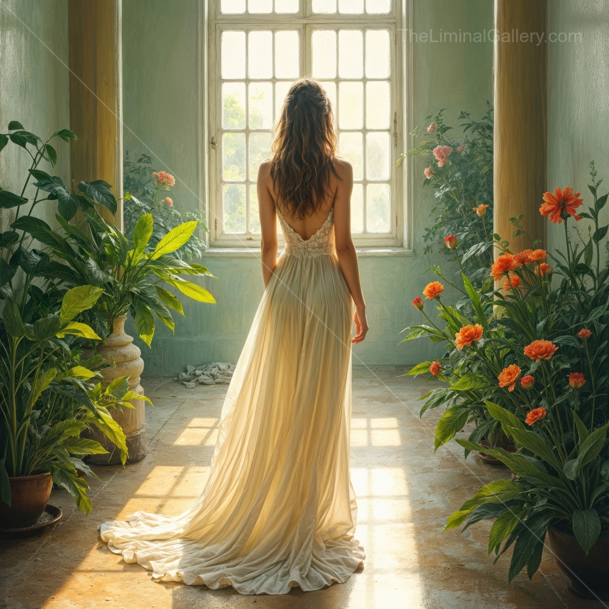Woman stands by a large window amid lush plants and bright flowers, sun flare tracing her gown