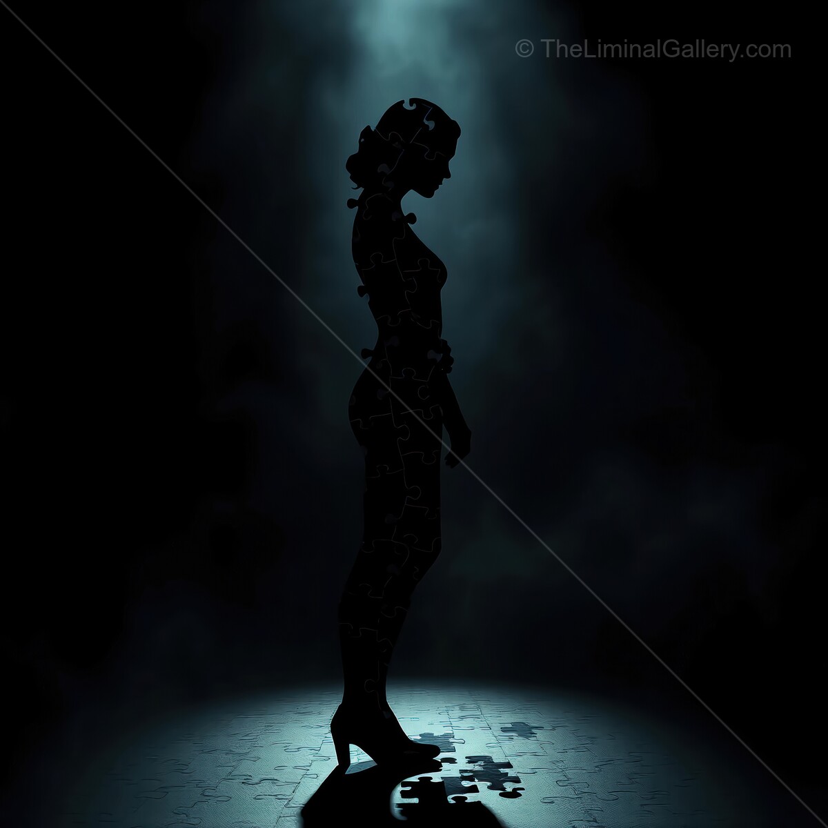 Silhouette of a woman assembling herself amidst a mystical glow in a darkened space