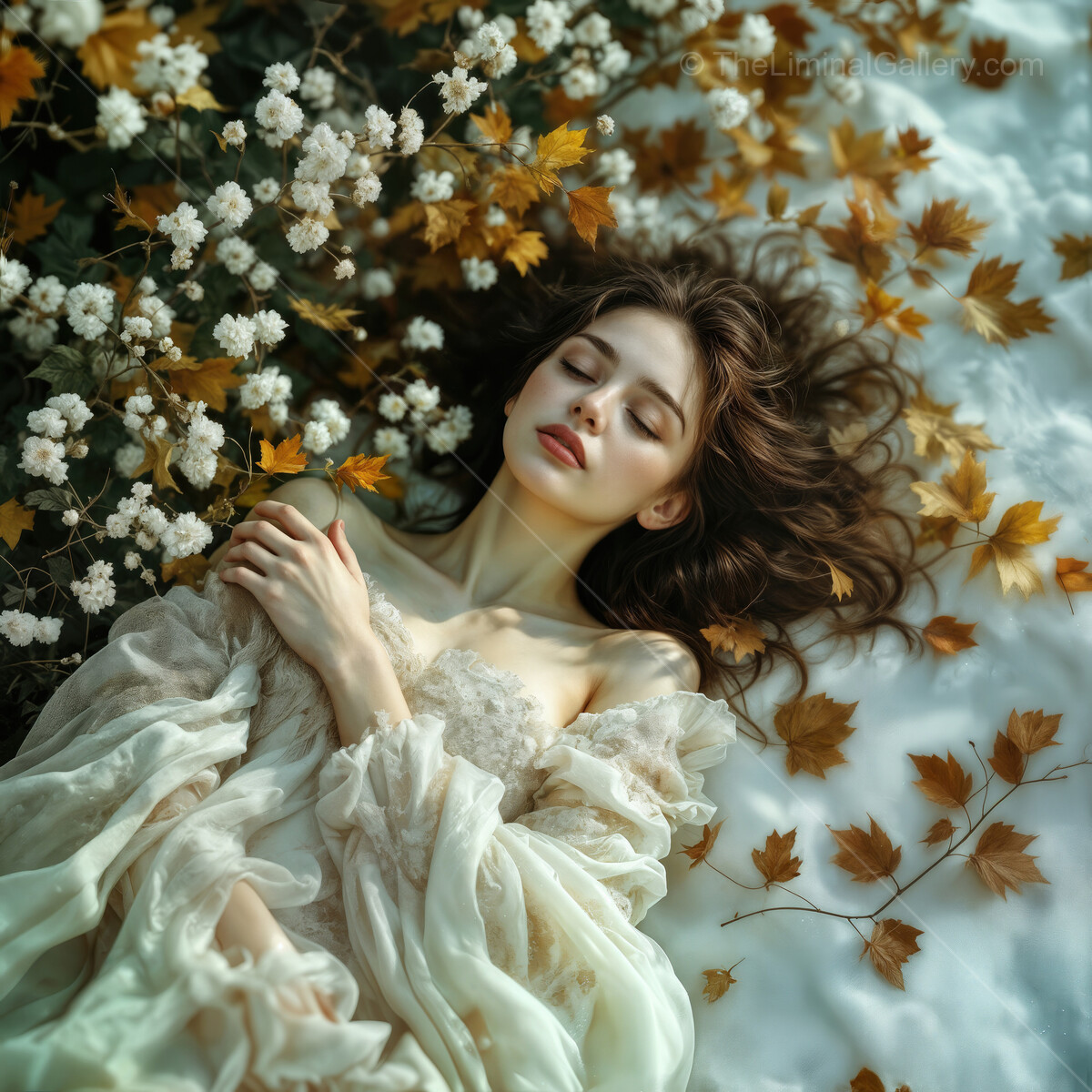 Woman surrounded by autumn leaves and blossoms, embodying the beauty of changing seasons in a serene forest setting