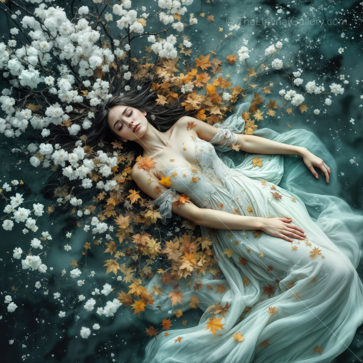Woman gracefully lies amidst autumn leaves and delicate blossoms in a serene seasonal blend